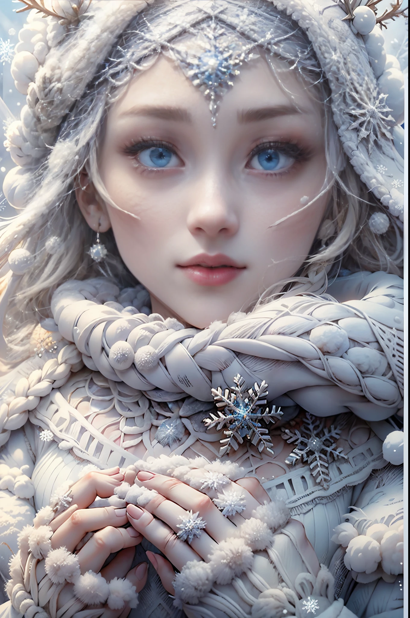 Super detailed perfect face of a woman, winter queen, frost princess, last flowers of summer, beautiful big eyes that reflect the snow flakes on a Chtismas day. Charming, perfect woman, blue eyes with snowflakes, half of her face is frozen, 8k ultra, hd, with white pullover her hands are freezing