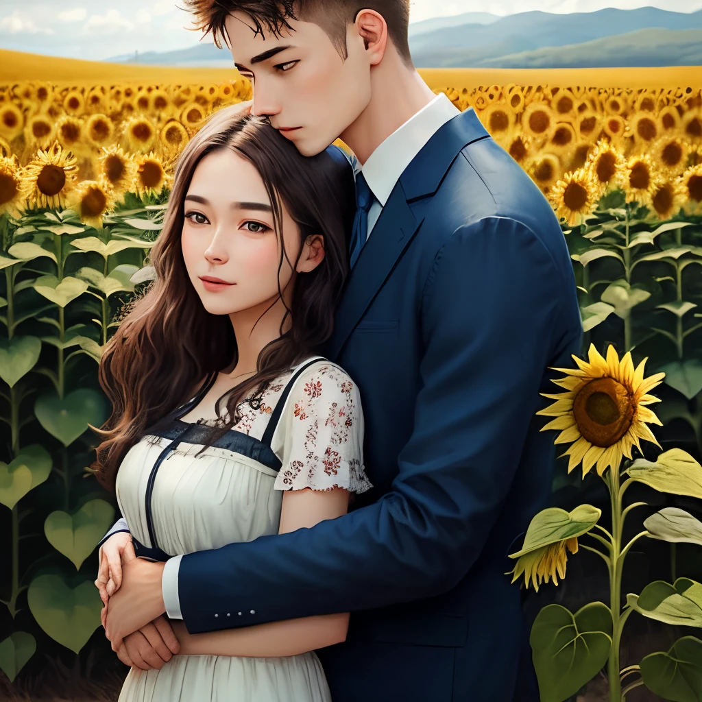 Couple in the sunflower field girl leaning on guy chest