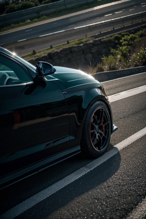 metallic black audi r6 drifting on a highway in tokyo