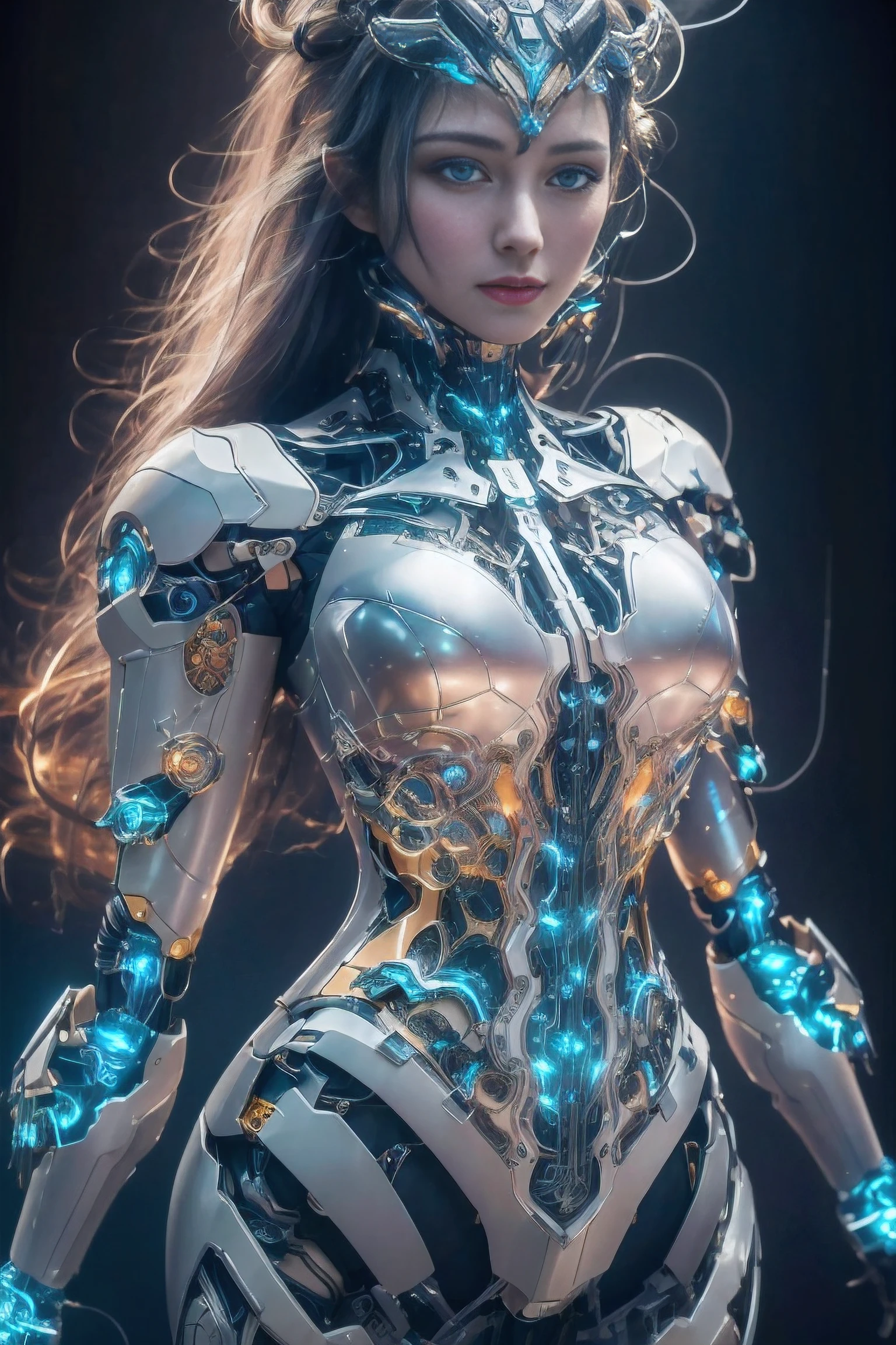masterpiece, bestquality, Super Detailed, very detailed illustrations, Very detailed, intricate detailed, high-res, super complex details, very detailed 8k cg wallpaper, 50mm lens, caustics, reflections, ray tracing, nebula, dark halos, network effects, (1girls:1.4), bara, alone, Mecha Musume, mechanical parts, robot joints, single mechanical arm, headgear, mechanical halo, star halo, electric mechanical bodysuit, mecha corset, kimono, full armor, very long hair, White Hair, hair between the eyes, multicolored hair, Blue Eyes, shining eyes, random expression, random action, ancient chinese architecture, starry sky, skyline,