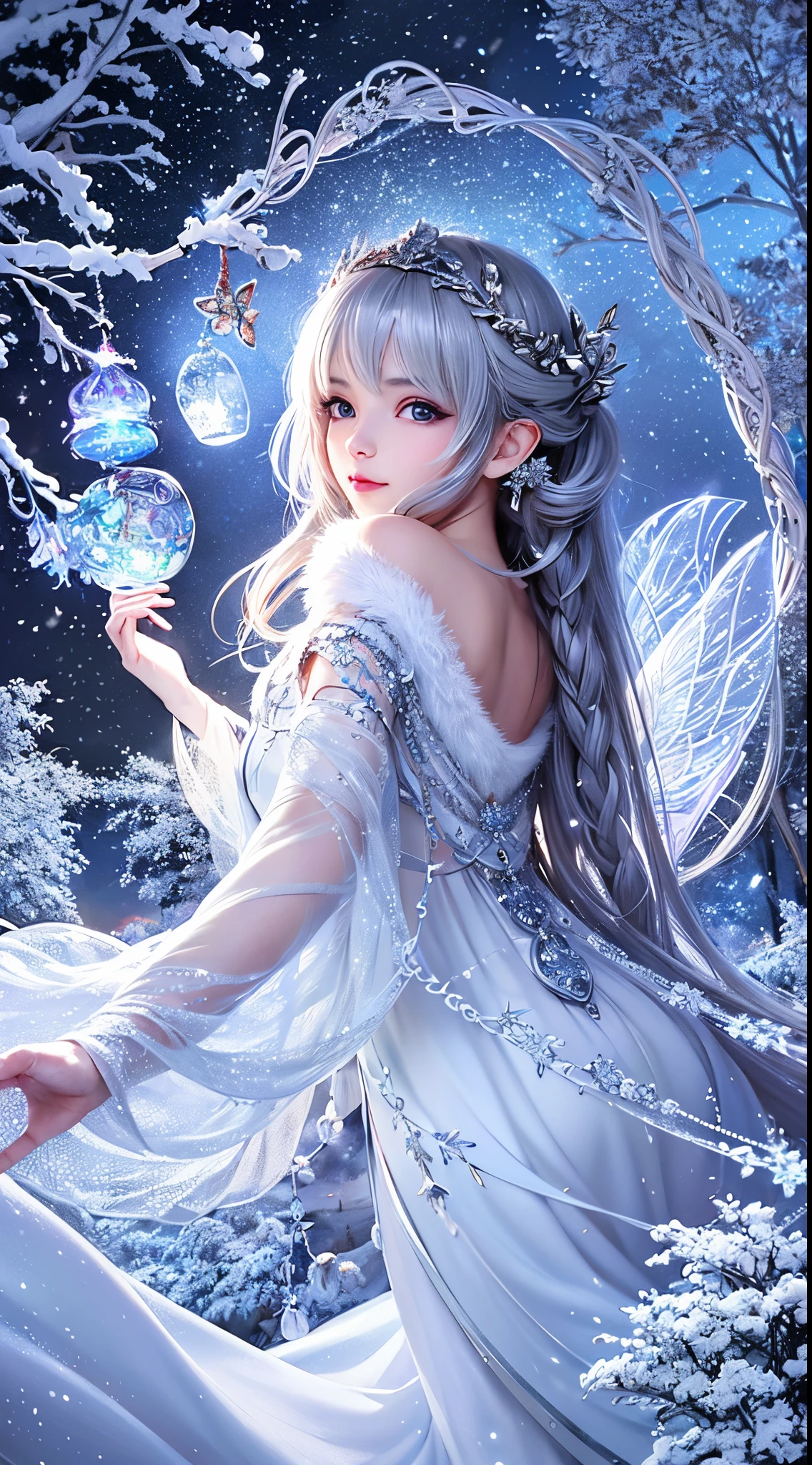 (tmasterpiece,8K,Best quality at best,A high resolution,ultra - detailed,ultra-realistic realism),The white,A world covered in silver, branches covered with snow, cold winter touch, Snowflakes dance like elves, Turn the world into a silver fairy tale, Cold, Peaceful and beautiful snow scene, Comfortable and calm
