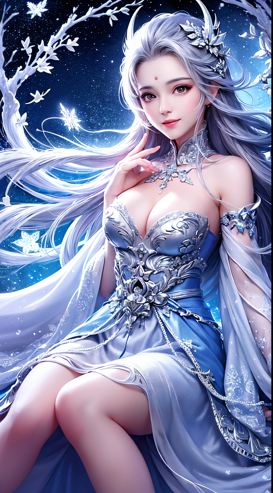 (tmasterpiece,8K,Best quality at best,A high resolution,ultra - detailed,ultra-realistic realism),The white,A world covered in silver, branches covered with snow, cold winter touch, Snowflakes dance like elves, Turn the world into a silver fairy tale, Cold, Peaceful and beautiful snow scene, Comfortable and calm