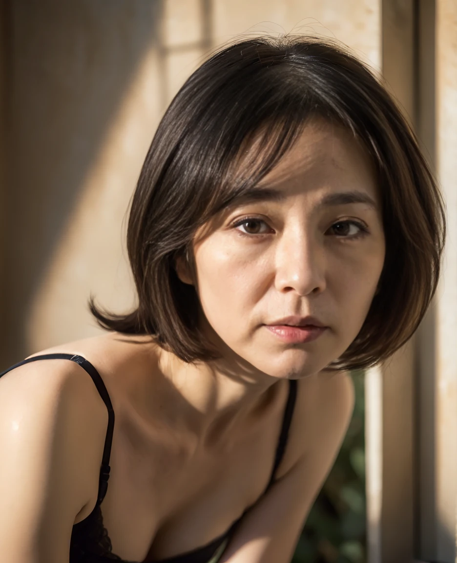 (((Japanese 60 year old mature woman))),top-quality, ​masterpiece, hight resolution, Photorealsitic, Raw photography, flawless, profetional lighting, ighly detailed, depth of fields,traditional Japanese room, (((60 year old))), (((Wrinkles on the face))),Nasolabial folds on the face,(((There are stains on the body))) chubby figure, Female sexy, Detailed face, beautidful eyes, bangss, sagging breasts, Straight light brown hair that reaches to the shoulders, Faint lips, ((stand facing forward、Staring at the viewer&#39;serious face eyes.)),White bra, White panty, Knee removes foot from frame