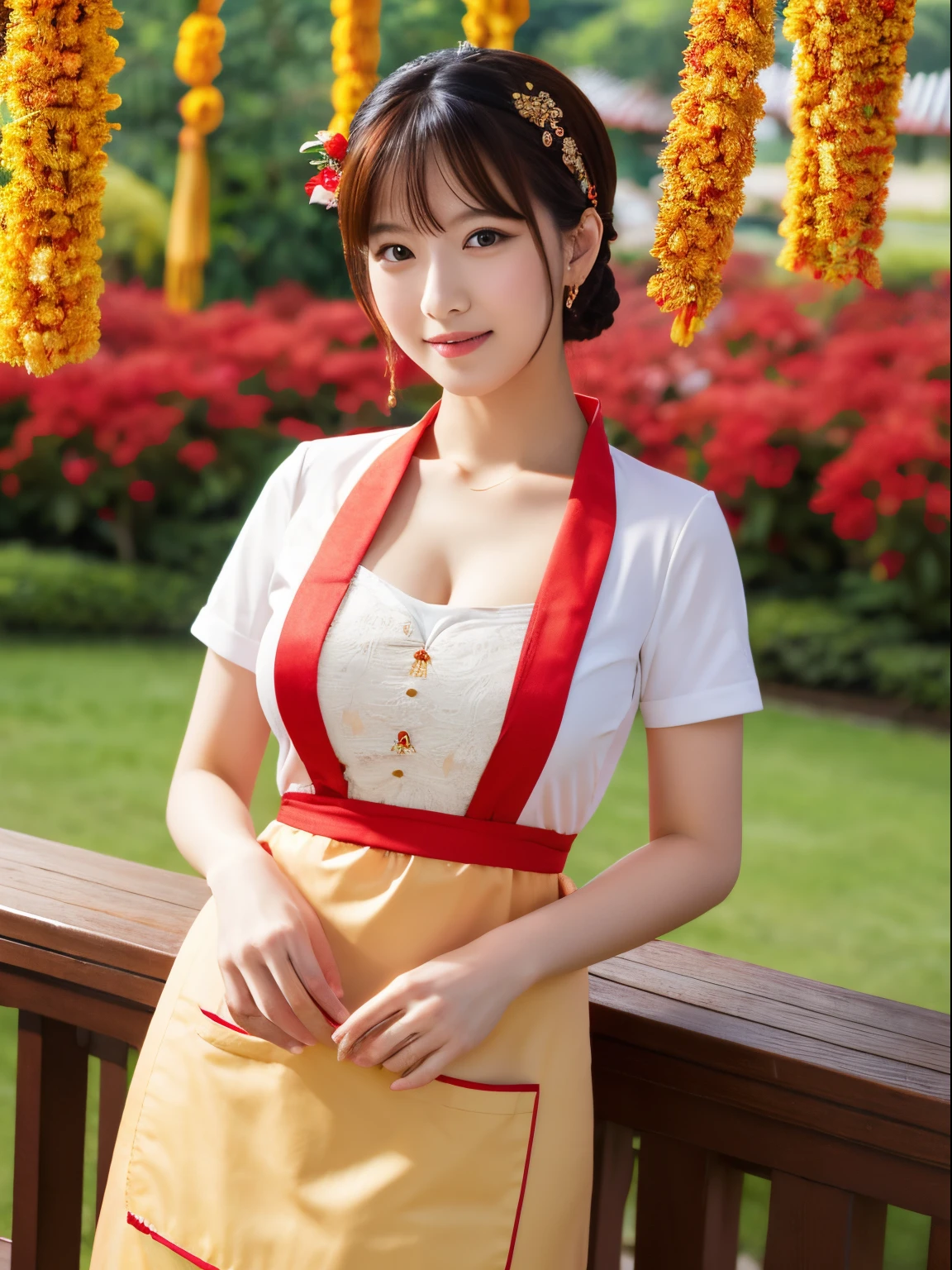 high-definition picture,national style,international background, Pavilion, Beautiful woman,beautiful boob, Exquisite, Beautiful, masutepiece, Beautiful detailed official art,Apron only