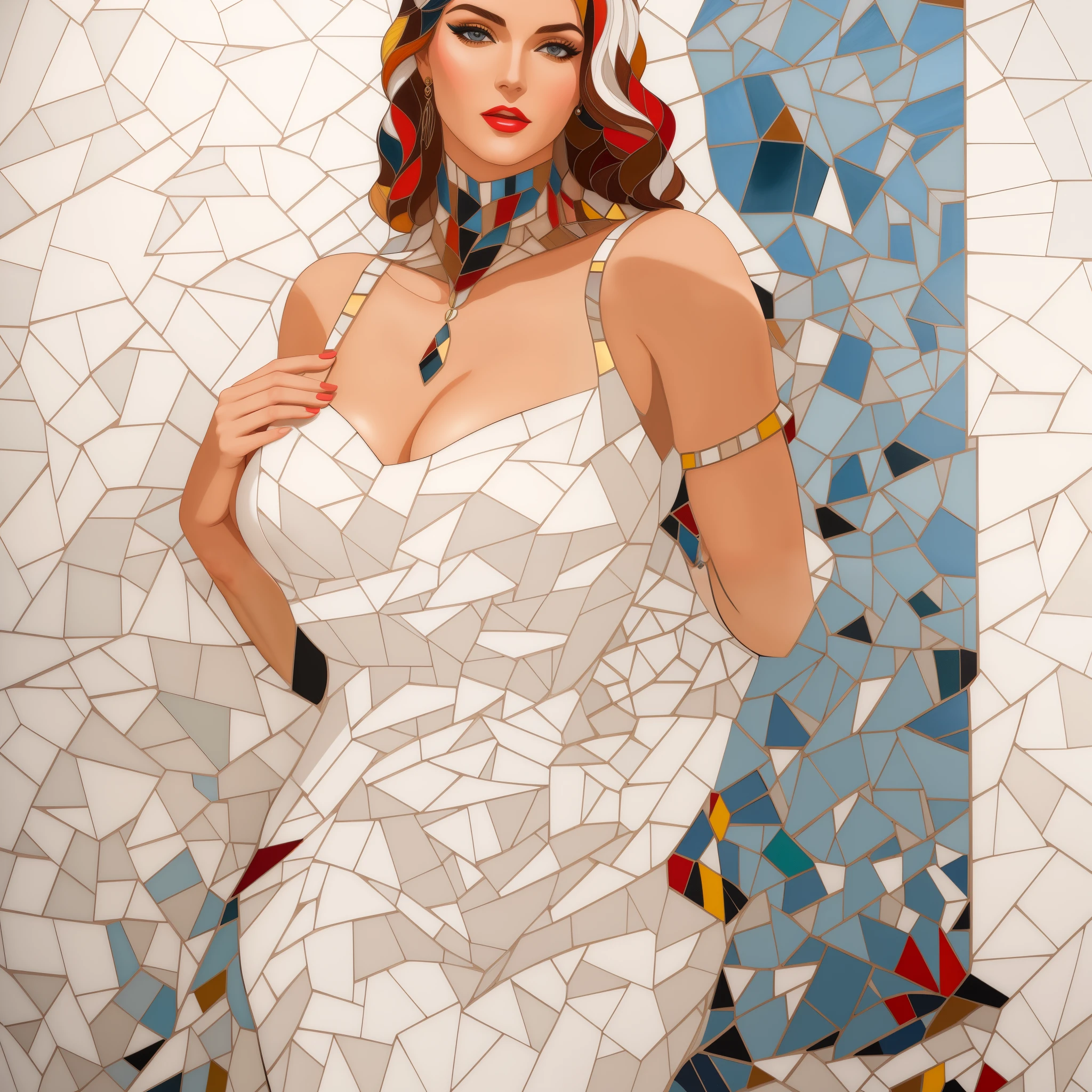 A woman in a white dress stands in front of a mosaic wall, by Galen Dara, mosaic, Works inspired by Alain Tasso, inspired by Sandra Chevrier, maxim verehin stained glass, detailed dress and face, Inspired by Andrey Ryabovichev, in style of digital illustration, Inspired by Patrick Nagel, detailed woman