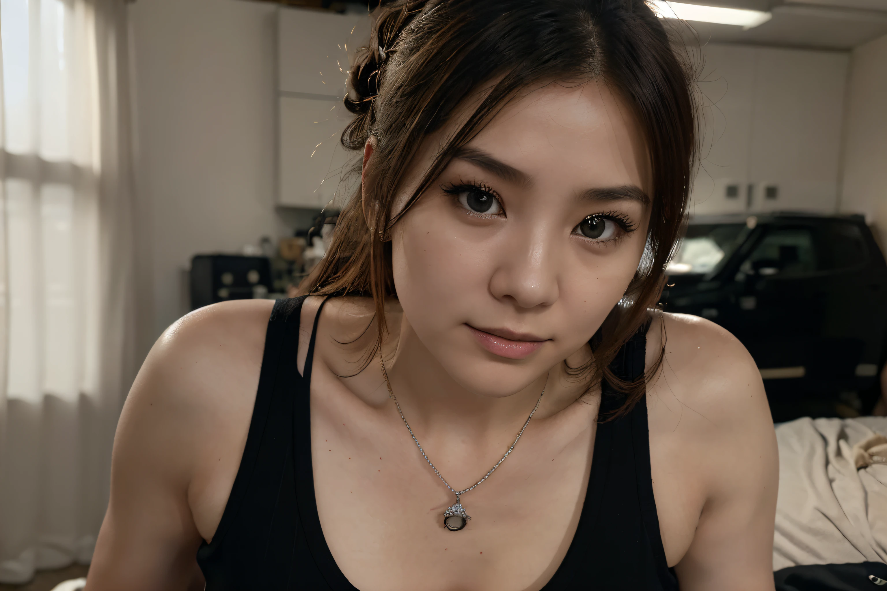 beautiful korean with blonde hair using black tank top , detail face, she have a very bright eyes, realistic face, detail face, realistic skin, skin pore, vibrant, dramatic lighting, 8k resolution picture, high detail on the photo, very realistic picture, dramatic lighting, fullbody, depth, shadow, dramatic shadow, one of a kind photo, sharp photo, sharpness on the detail, looking at the camera, half body view, (((Best Quality, masutepiece: 1.3)), long hair, ultra high res. photorealistic:.1.4, garage background, cinematic lighting, bloom, film grain, Fujicolor, high quality, masterpiece, 8K, UHD, UHD, retina, textured skin, super detail, high details, highres, 16k resolution, award winning, high quality, high details, super detail, messy bun hair, 54 years old, necklace