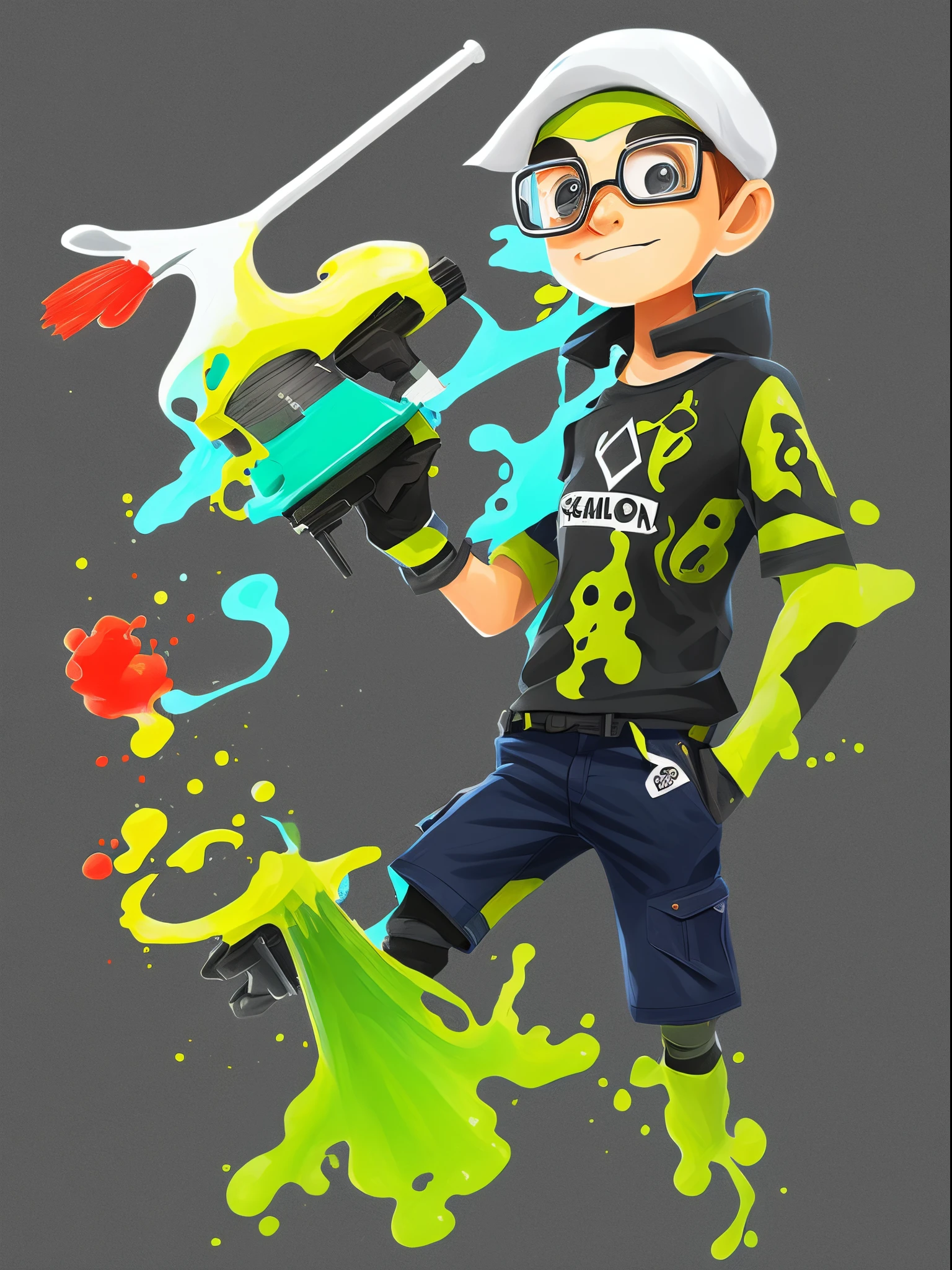 A Splatoon character with a mash boy holding a large brush.