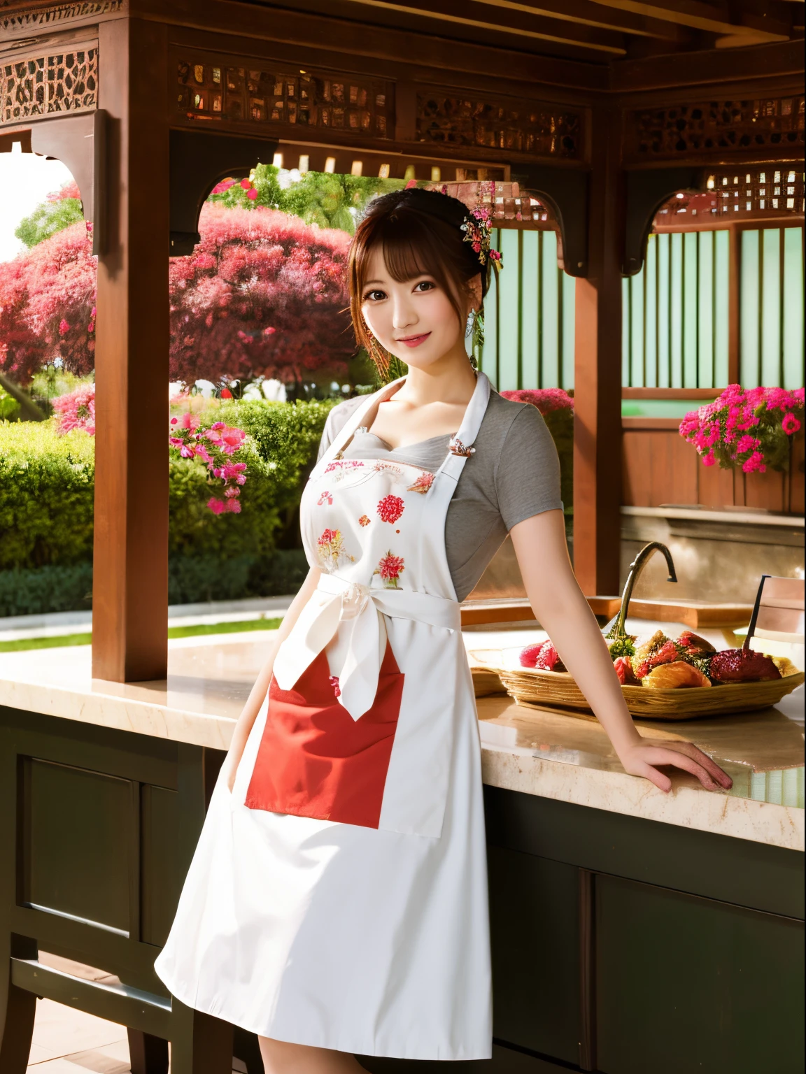 high-definition picture,national style,international background, Pavilion, Beautiful woman,beautiful boob, Exquisite, Beautiful, masutepiece, Beautiful detailed official art,Apron only