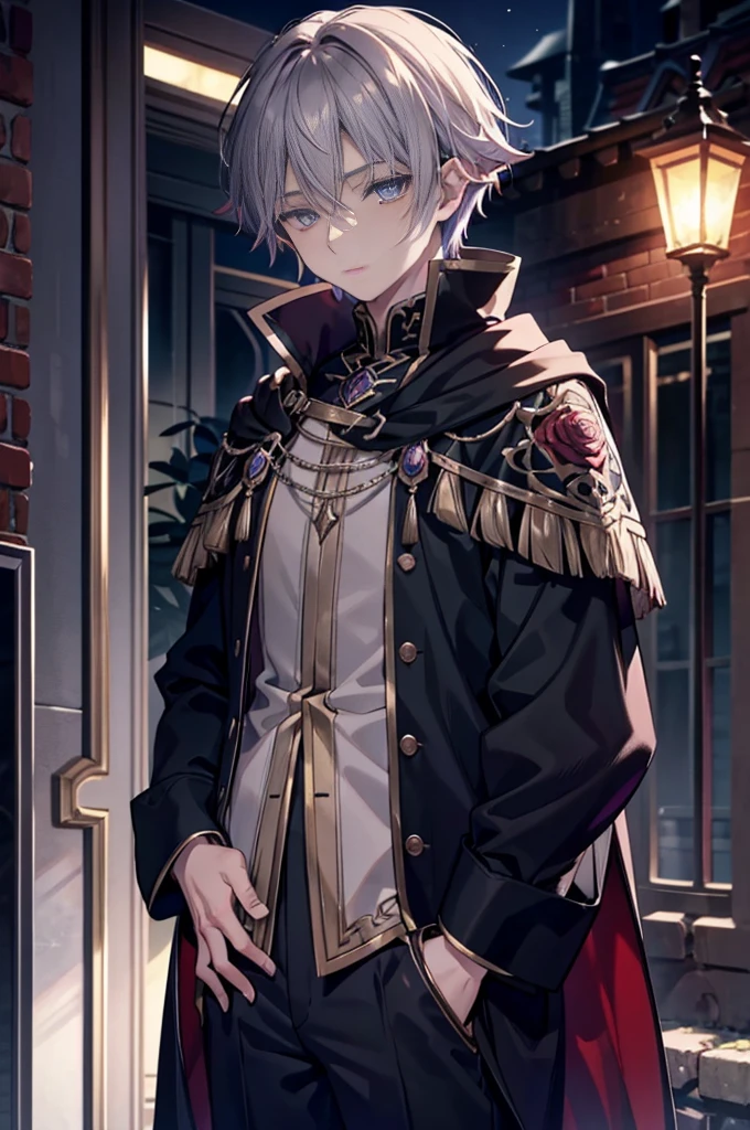 16-year-old man of elven blood with long gravel-colored grey hair, rose-colored eyes glowed under the night light; while his pupils stretched down like a cat, he wore a perpetually bored and impassive look on his face, his arms were covered in intricate black rune-like tattoos, he wore clothes in the form of a long black cloak with appropriate pants and shirt, masterpiece, best quality shadows, clean lines, realistic looks, best generation, smooth color transitions