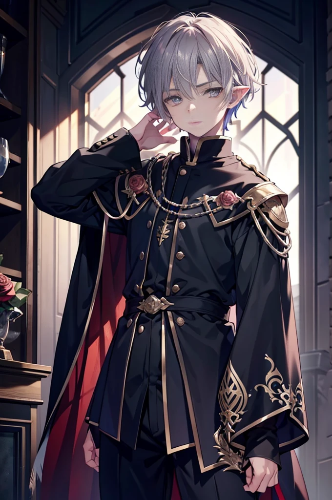 16-year-old man of elven blood with long gravel-colored grey hair, rose-colored eyes glowed under the night light; while his pupils stretched down like a cat, he wore a perpetually bored and impassive look on his face, his arms were covered in intricate black rune-like tattoos, he wore clothes in the form of a long black cloak with appropriate pants and shirt, masterpiece, best quality shadows, clean lines, realistic looks, best generation, smooth color transitions