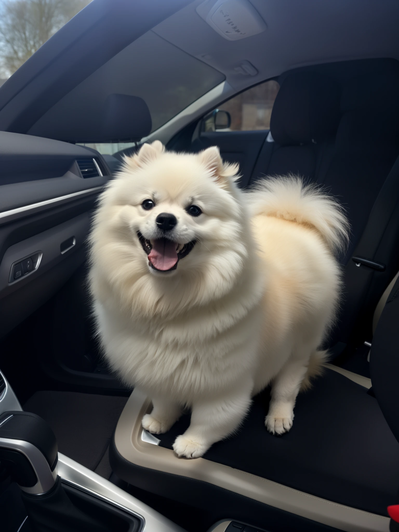 White German spitz dog sitting in the passenger seat of a car, poofy, fluffy face, Pomeranian on Disney pixar style