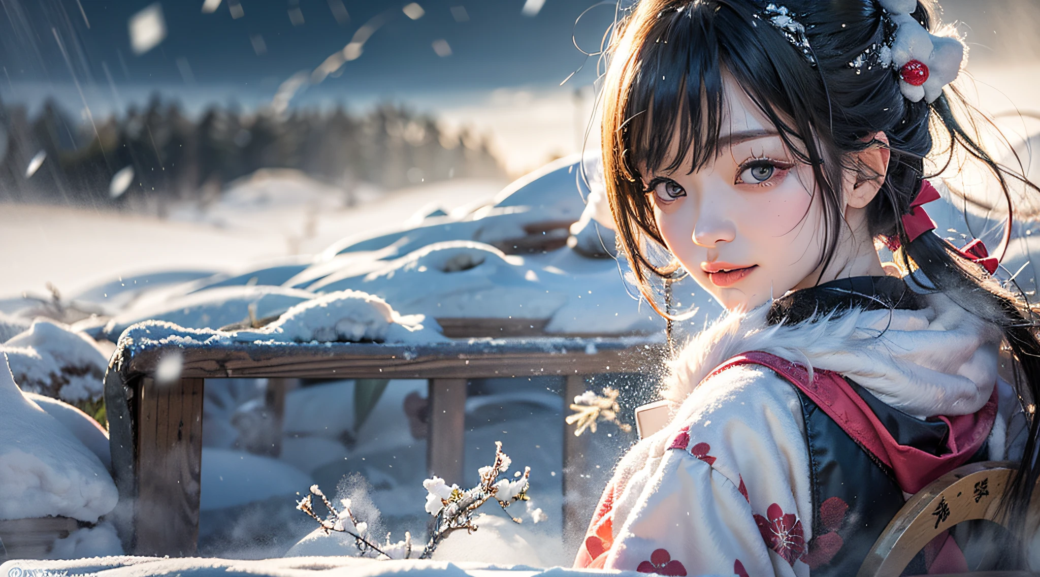 Enjoying Yukimi Sake at a hot spring、hot sake、Close-up of the snowy field outside the hot spring seen from behind a black-haired beauty、Spectacular view of hot spring steam and light snow falling、masutepiece、best composition、Photorealsitic、A hyper-realistic