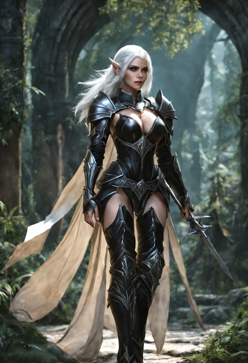 An Elf female with white hair, wearing black full armor, large breasts, full body pose,