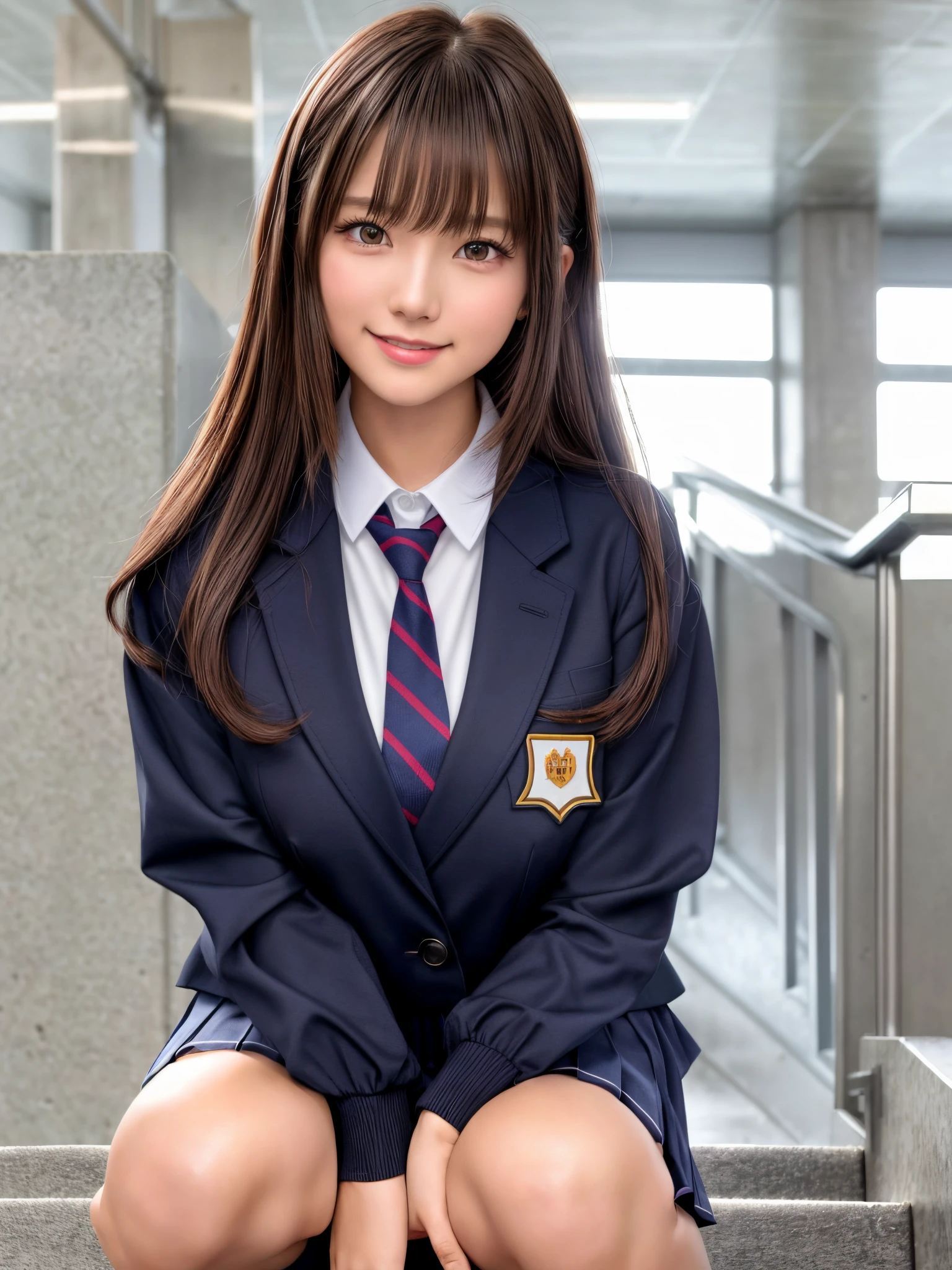 8K,Best Quality, masutepiece, ultra-detailliert, 超A high resolution, Photorealistic, Raw photo, absurderes, absolutely resolution, 1girl in, Solo,Upper body, Looking at Viewer,a Japanese young pretty girl,hyper cute face, Glamorous figure, huge-breasted, Long bob hair ,Smile,(School uniform:1.3),(She is crouching on the stairs of the station.) ,Glossy lips, Double eyelids in both eyes, Natural makeup, long eyelashes, Glossy smooth light brown long bob hair, asymmetrical bangs, Shiny skin, central image, High resolution, high detailing, detailed hairstyle, Detailed face, spectacular movie lighting, Octane Rendering, Vibrant, Hyper realistic, Perfect limbs, Perfect Anatomy