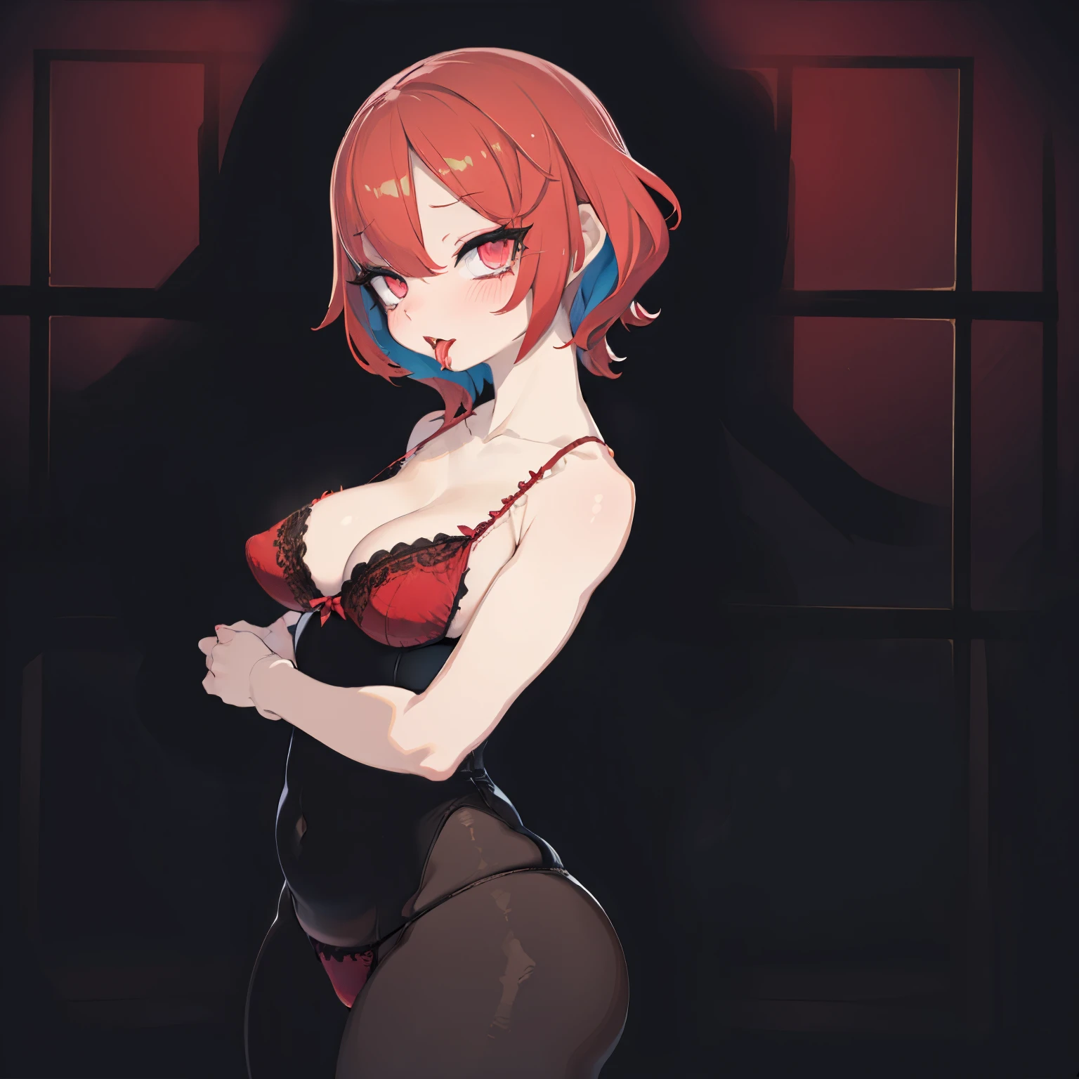 (Ahegao) RED Girl,Wear red lingerie,bright red lips,Detailed eyes and face,Long loose red hair,standing in a dark room,Soft lighting,vivid colors,Artistic portrait,High resolution. (SNFW)