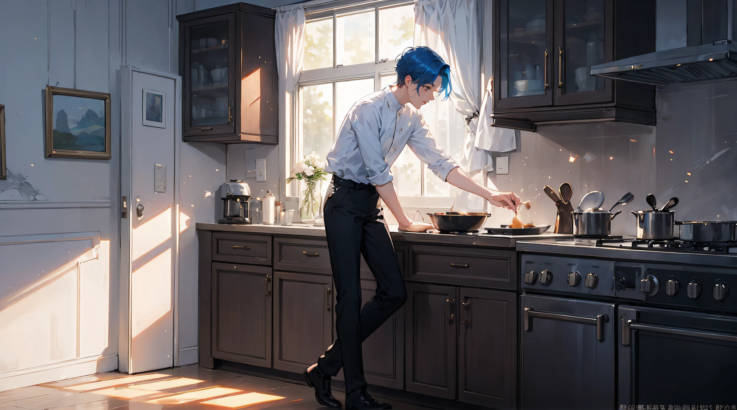 （（（One beautiful man）））、sky blue hair、lad, half up、Medium Hair、delicated face、A young man&#39;s face、tall、leggy、Wears a white shirt、The shirt is rolled up to the arms.、wearing black trousers、blue apron on waist、full-body view、Beautiful hair that shines in the light、Transparent and delicate hair、Watercolor style、Impression、Transparent painting style、Light refraction、lensflare、soft and warm light、A light source that seems to leak through the gap、Sparkling dust、very delicate painting style、Cooking in the kitchen