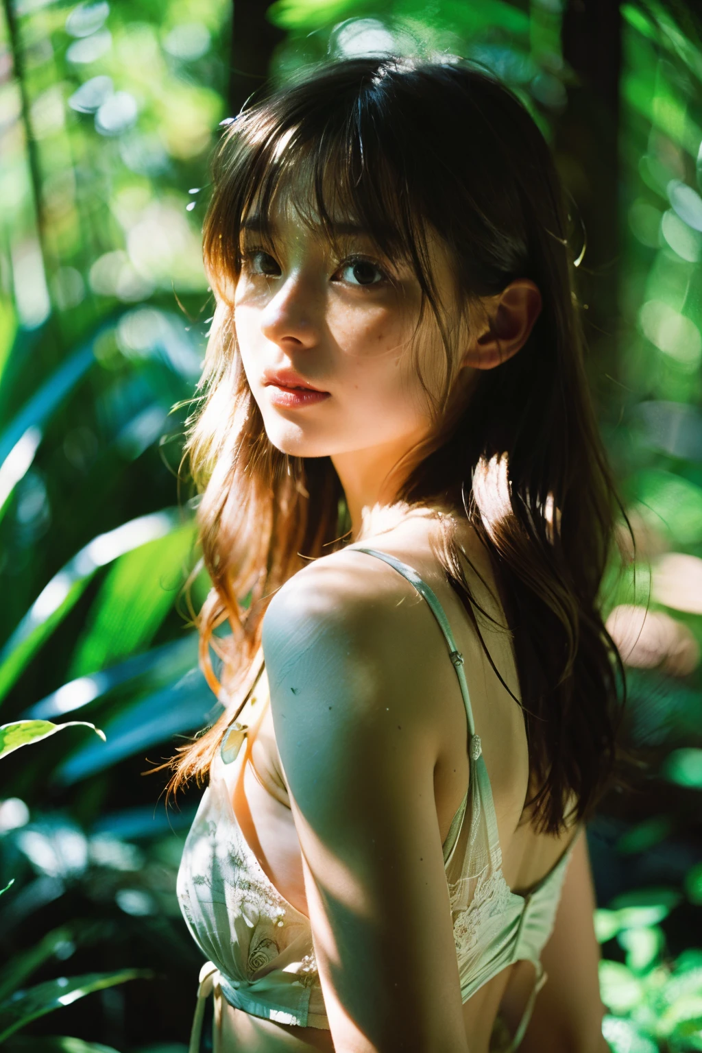 {Top Quality}, {{Masterpiece}}, {very delicate and beautiful}, Outstanding light and shadow, Highly detailed wallpaper, Shaded sunlight, 1 girl, Thin, prone, delicate and messy hair, Realistic skin texture, ,Rainforest, toned waist, freckles