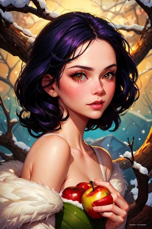 a close up of a person holding an apple in front of a tree, snow white, martin ansin, portrait of snow white, martin ansin artwork portrait, adam hughes, chris moore. artgerm, pale snow white skin, artgerm greg rutkowski _ greg, artgerm and james jean, artgerm and ilya kuvshinov
