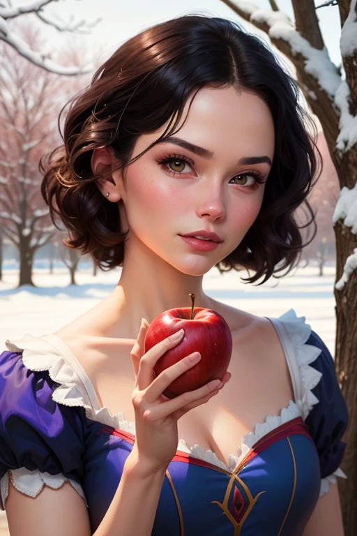 a close up of a person holding an apple in front of a tree, snow white, martin ansin, portrait of snow white, martin ansin artwork portrait, adam hughes, chris moore. artgerm, pale snow white skin, artgerm greg rutkowski _ greg, artgerm and james jean, artgerm and ilya kuvshinov
