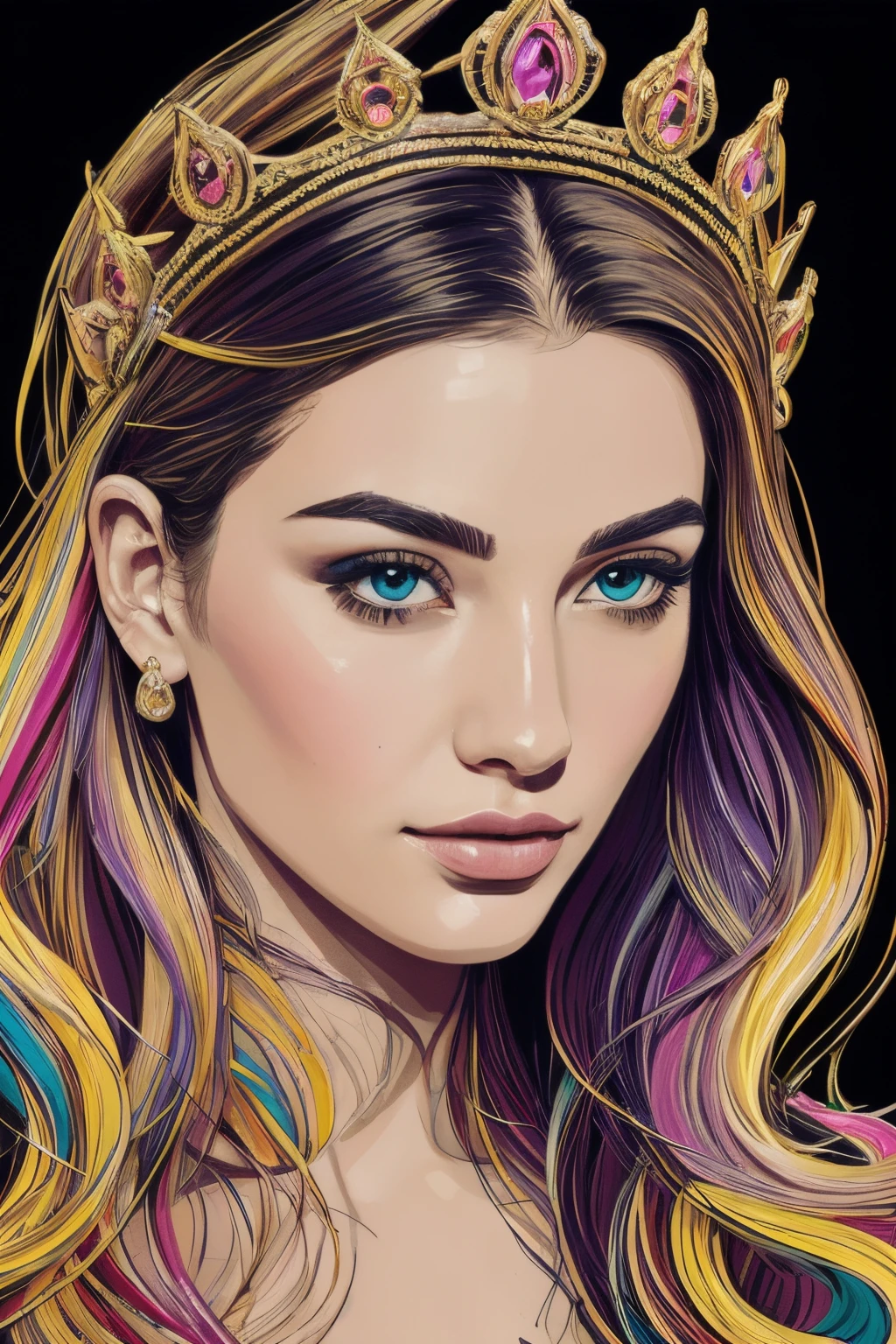((best quality)), ((masterpiece)), (detailed), perfect face, Side Right angle face, abstract beauty, Create a digital art work in pop art style, luxury elegance bold with hint of feminine, happy & youthful, authentic, brave, princess wearing crown, purple and gold, centered, key visual, intricate, highly detailed, breathtaking beauty, precise lineart, vibrant, comprehensive cinematic, Carne Griffiths, Conrad Roset, vector art, Colorful graffiti illustration, (the most beautiful portrait in the world:1.5)