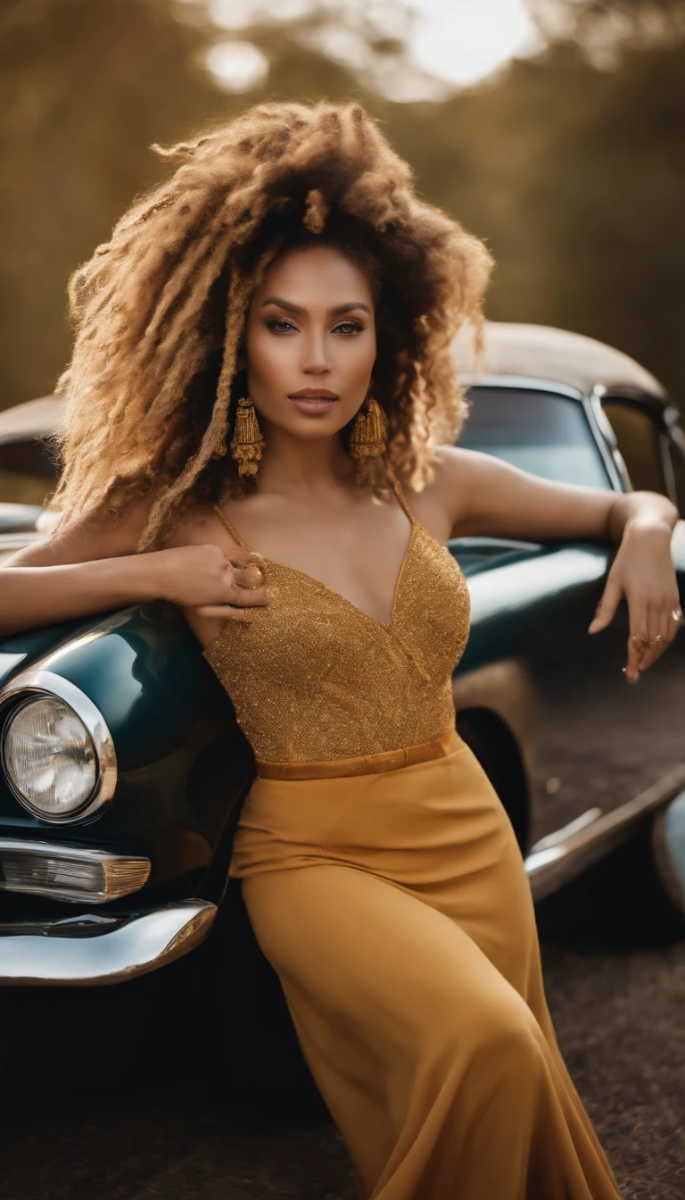 arafed woman with soft wavy boho dreadlocks with blonde highlight, photo of a beautiful woman, she has  light caramel skin with yellow undertones, gorgeous woman, mixed-race woman,  gorgeous beautiful woman, mixed race woman, with textured hair and skin, toned slender body in an evening gown posed by sports car