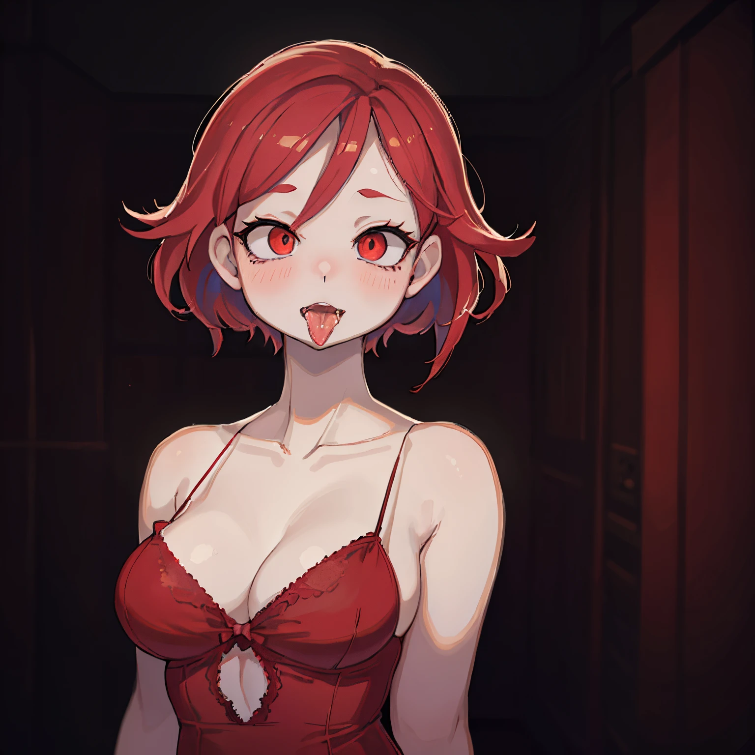 (Ahegao) Chica ROJA,Wear red lingerie,labios rojos brillantes,Ojos y cara detallados,Cabello rojo largo y suelto,standing in a dark room,Soft lighting,vivid colors,Artistic portrait,High resolution. (SNFW)