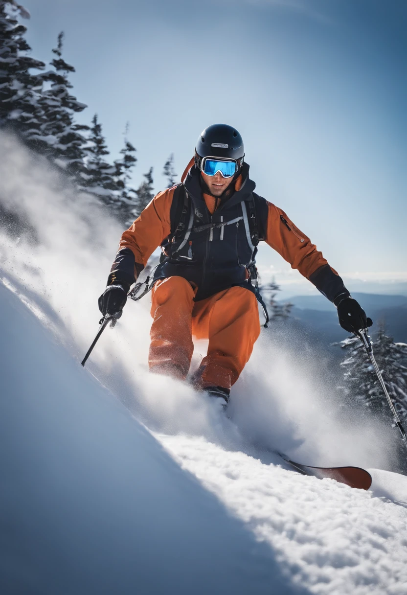 A photo of our hero heli-skiing down a steep and powdery mountain slope, with the snow spraying behind him,Naruto Shippuden,Naruto, male