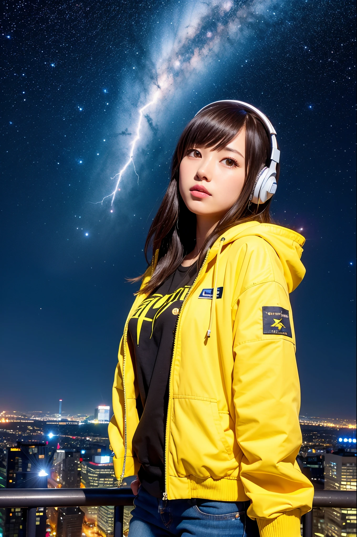 (Realistic:1.2), 18yo Girl, headphones Outfit, yellow jacket, view from below, (city:1.4), (starry sky:1.1) , (neon lights, sparkle, lightning:1.1)