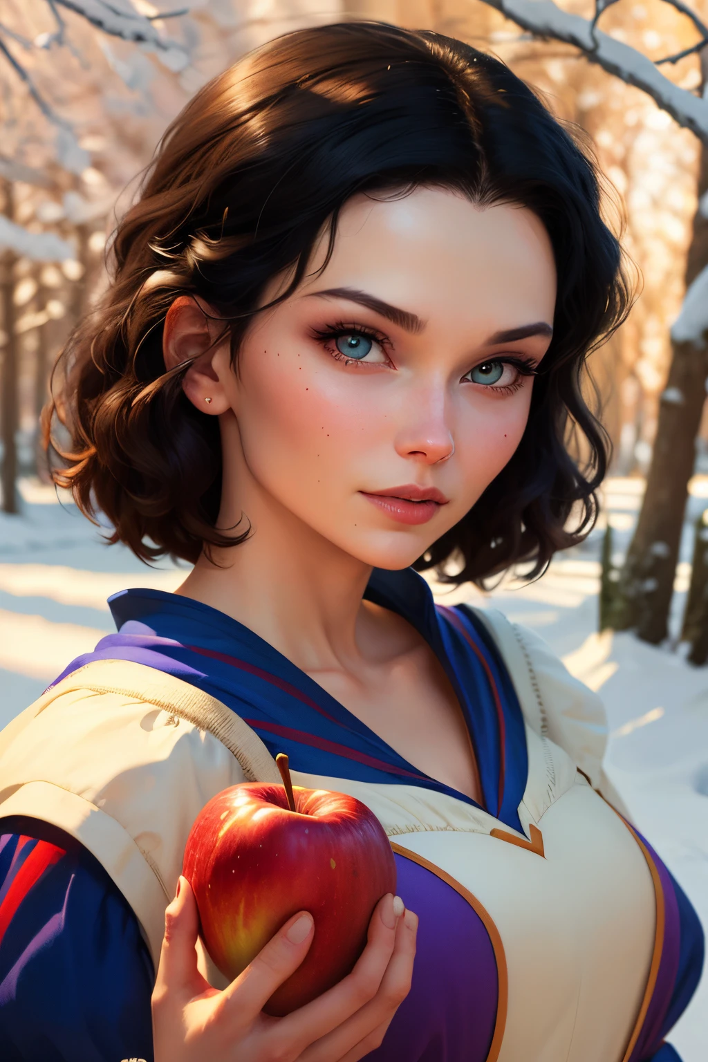 a close up of a person holding an apple in front of a tree, snow white, martin ansin, portrait of (snow white:1.5), martin ansin artwork portrait, adam hughes, chris moore, artgerm, pale snow white skin, artgerm greg rutkowski, artgerm james jean, artgerm ilya kuvshinov