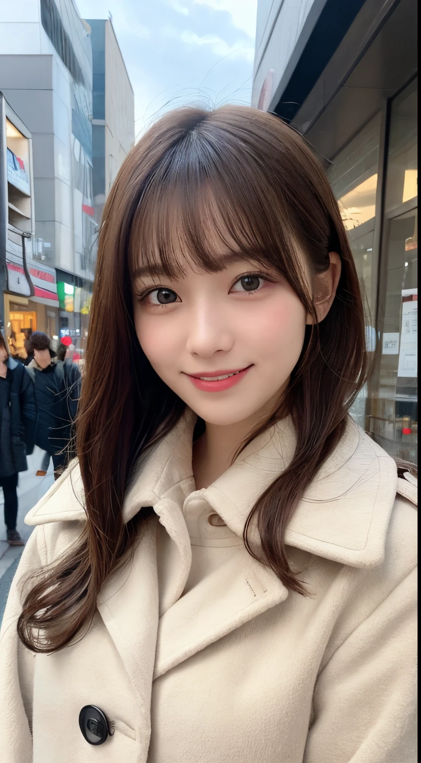 masutepiece, Best Quality, Illustration, Ultra-detailed, finely detail, hight resolution, 8K Wallpaper, Perfect dynamic composition, Beautiful detailed eyes, fluffy winter clothes(trench coat),Bob Hair,mid-chest, Natural Color Lip,Smile,Harajuku、20 years girl、Cute、is looking at the camera,Perfect and beautiful face,Raw photo
