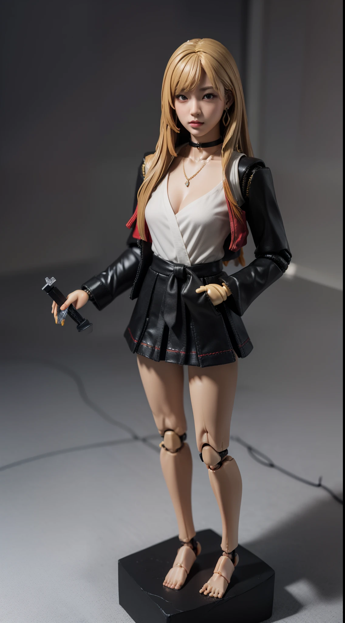 (masterpiece), (action figure doll:1.5), (stands on a pedestal:1.5), full body, (1girl), marinkitagawa, marin kitagawa, blonde hair, choker, ear piercing, earrings, long hair, piercing, (red eyes), straight hair, swept bangs, black necktie, jacket, short mini skirt, sleeves rolled up, cleavage, looking at viewer, (detailed eyes), detailed face, (perfect hands, perfect anatomy), against a clean white background, illuminated by artificial light, front view camera shot, wide shot