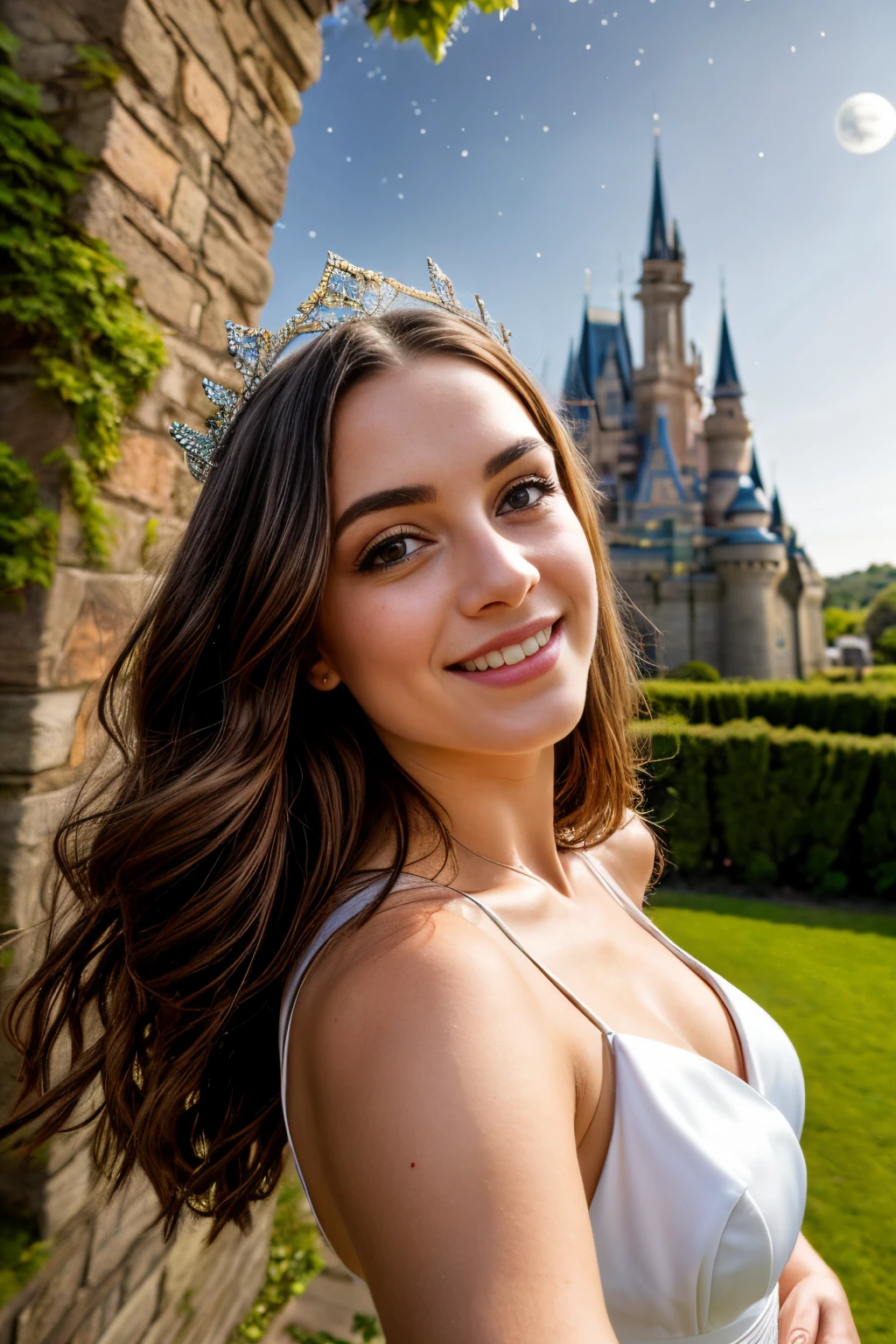 1 beautiful queen woman, long hair ((upper body selfie, happy)) tiara, full breasts, silky skin, masterpiece, best quality, ultra-detailed, solo, outdoor taking selfie next to a white brick castle (well detailed, intricate details), with horses in the background (background accentuated depth of field), with grassy floor, flowers, butterflies, fireflies (night), (stars, moon) cheerful, happy, royal dress, contrast, clear sky, style, (warm hue, warm tone): 1.2), close-up, cinematic light, side lighting, ultra high resolution, best shadow, RAW, upper body.