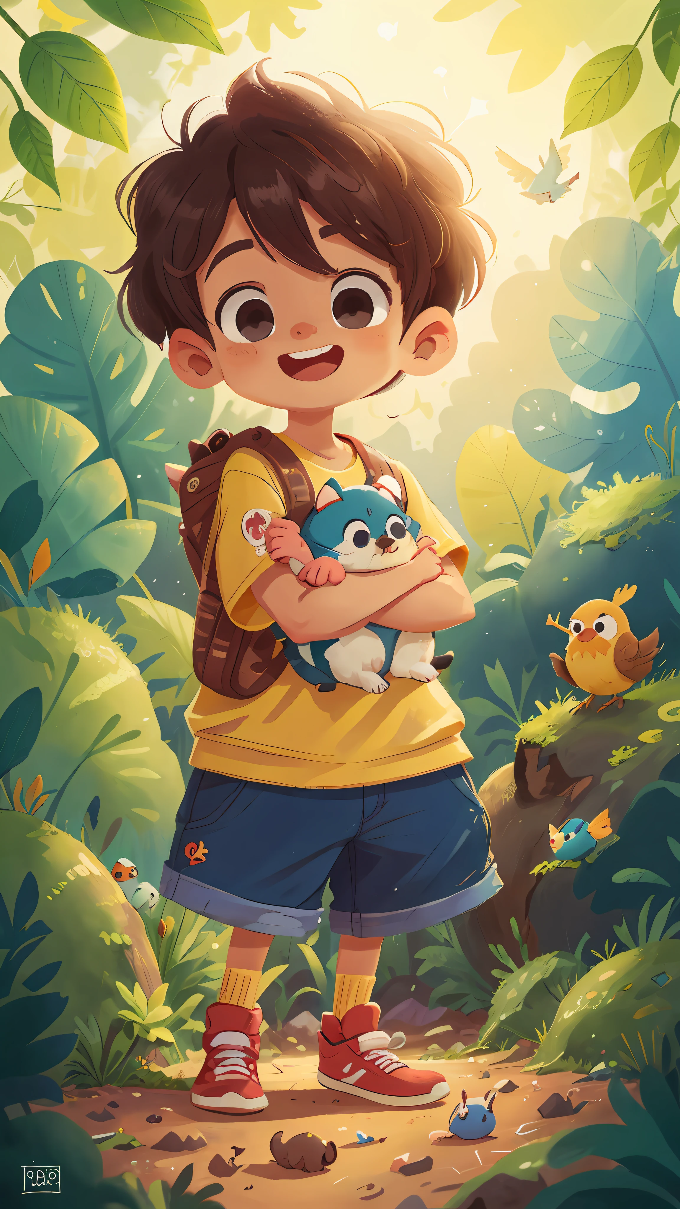 A boy with, mountain path, Many birds, so many animals, Happy, Happy, perfectquality, Clear focus (Clutter - home: 0.8), (tmasterpiece: 1.2) (realist: 1.2) (bokeh) (Better quality) (Delicate skin: 1.3) (Complicated details) (8K) (detailedeyes) (Focus Clear), (Happy)