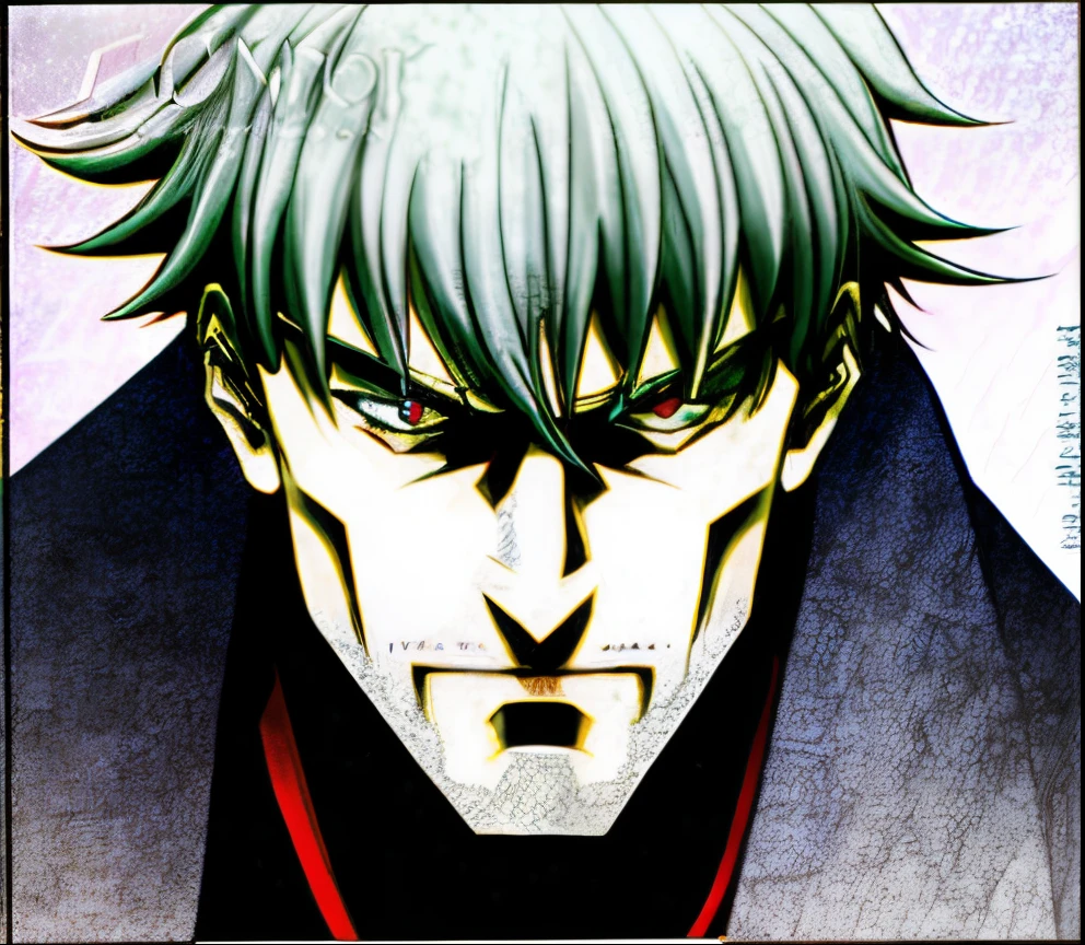 a cartoon of a man with a sad face and a speech bubble above his head, johan liebert mixed with dante, johan liebert mixed with alucard, johan liebert, colored manga panel, coloured manga scan, color manga panel, digitally colored, he's very menacing and evil, sanji, jujutsu kaisen, ozymandias