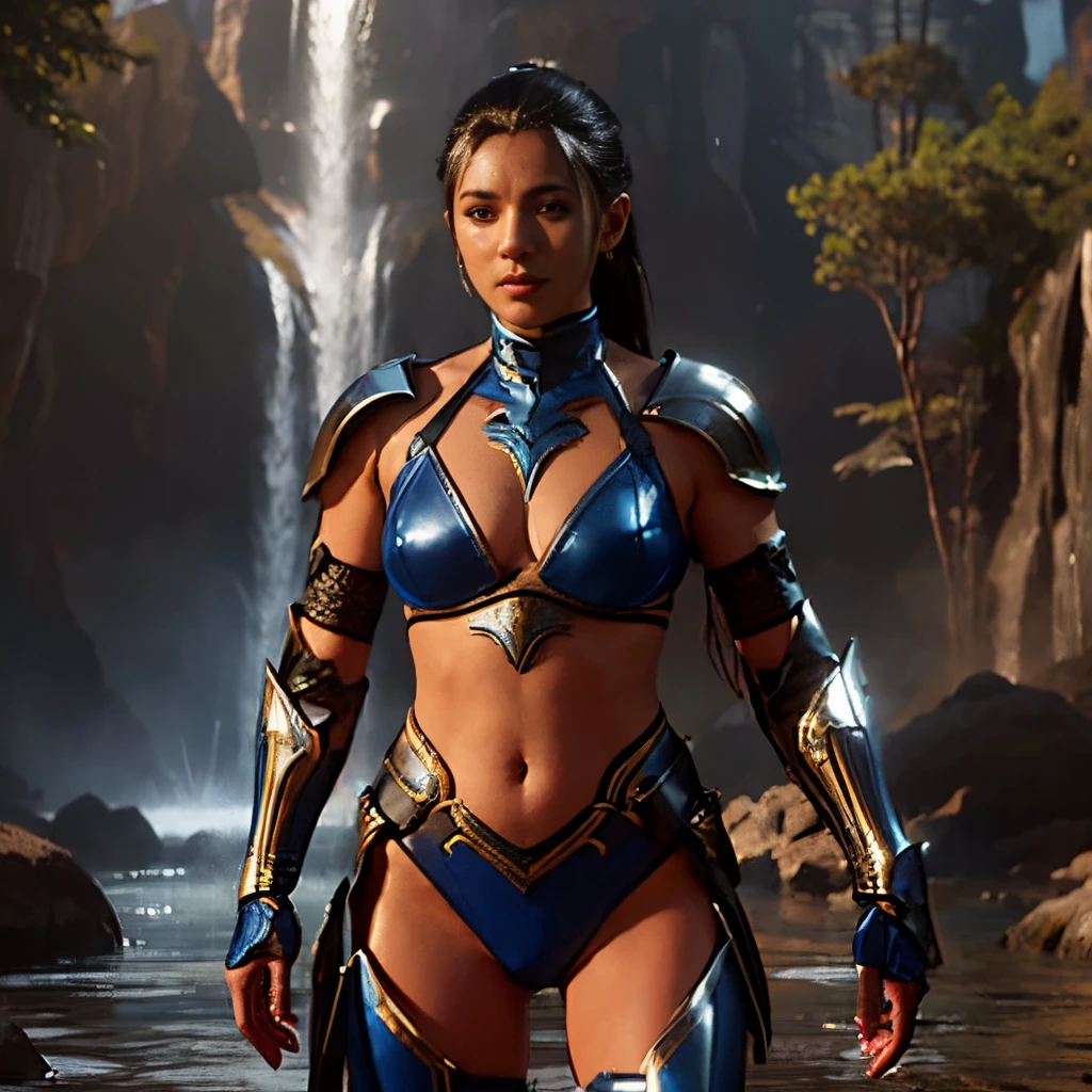 a woman in a blue and gold outfit posing in front of a waterfall, kitana from mortal kombat, blue armor, blue leather armor, fantasy style 8 k octane render, 4 k detail fantasy, 8k high quality detailed art, bikini armor female knight, dragon inspired blue armor, character from mortal kombat, wearing leather assassin armor, water armor, bikini armor