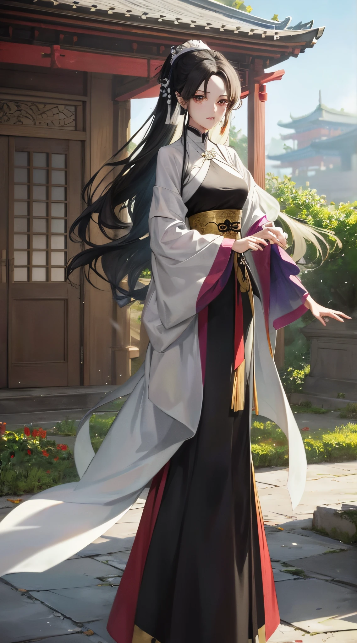 ancientry，There are blurry buildings in the distance，style of anime，Once upon a time there was a beautiful young woman，put on fancy clothes，Standing on the pavilion and looking into the distance，show determination，One -handed sword，Xiuxian style