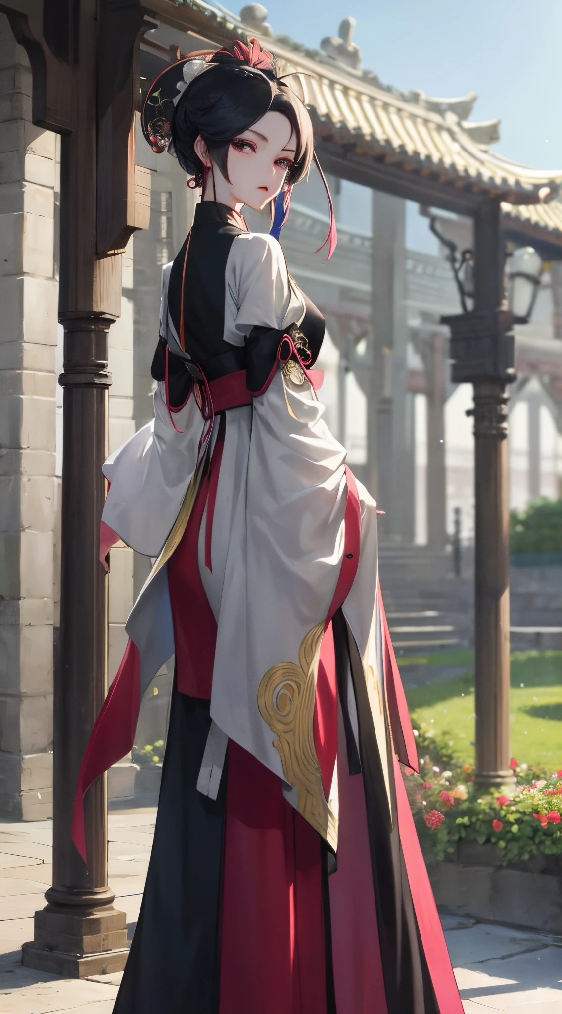 ancientry,There are blurry buildings in the distance,style of anime,Once upon a time there was a beautiful young woman,put on fancy clothes,Standing on the pavilion and looking into the distance,show determination,One -handed sword,Xiuxian style