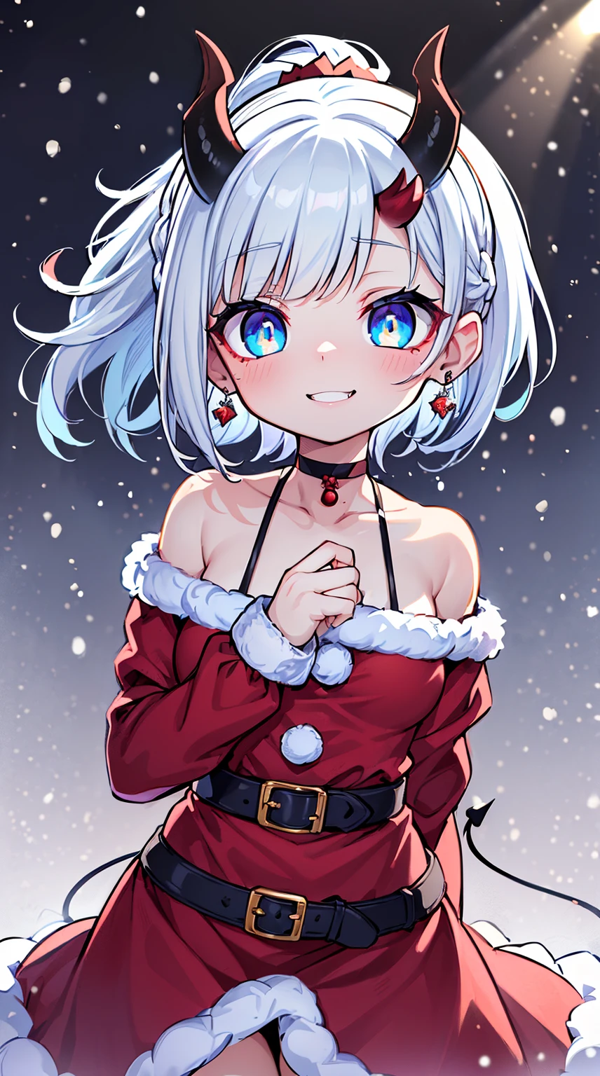 ((( (Winter background), (Snowing), (Christmas theme), (Slutty Santa outfit), ))) BLACKLIGHT, ((NSFW)), ((Small Boobs)), realistic art, extremely delicate and beautiful, ultra-detailed, (1girl), ((Blue eyes)), floating, detailed light, illustration, dynamic angle, depth of field, ((((milf)))), girly, ((Blue and White hair, multicoloured hair, Blue highlights hair, (Ponytail), hair ornament, hair flower, flower, makeup, braid, smile)), demon eyes, fangs, pale white skin, (((best quality, 1girl, (skindentation), (blur background:0.6), (casual yet stylish, ((Demon Horns)), ), gorgeous, (short hair:1.5), soft lighting, wind, (front light:1.5), surprised, choker, smile, jewelry, earrings))), (ultra high res, best quality,), (8k, raw photo, best quality, masterpiece), technological sense, best quality, masterpiece, illustration,CG ,unity ,wallpaper, official art, Amazing, finely detail, an extremely delicate and beautiful,extremely detailed, highly detailed, sharp focus,rich background, (real person,photograph), ((high detailed skin)), ((( , (crazy eyes:1.3), (wide-eyed:1.2), (glowing eyes), (Demon) ))), (((a close up of a person with a weird face and nails, gothic maiden anime girl, gothic - cyberpunk, cyberpunk horror style, gothic art style, detailed digital anime art, gothic art, demon anime girl, gothic girl face, anime style 4 k, dark art style, anime cyberpunk art, gothic aesthetic, 1 7 - year - old anime goth girl, gothic horror vibes)))