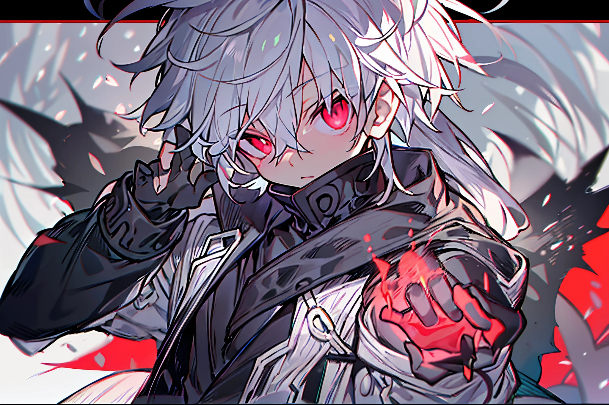 hight resolution,close range、Anime boy with white hair and red eyes staring at camera, Glowing red eyes,slim, dressed in a black outfit,Shadow Body,colorful backdrop,hair messy, Diagonal angle、glares、