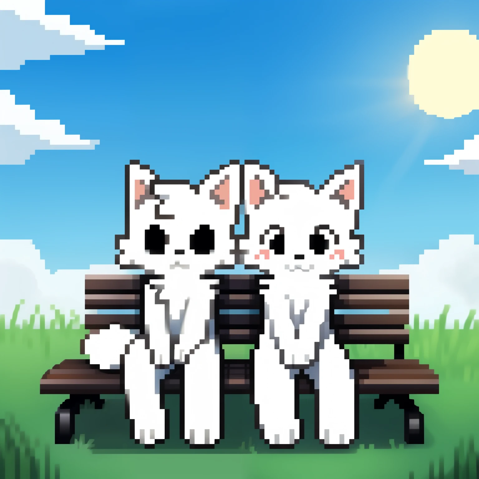 white cat illustration, soft fluffy fur、male people、Black eyes、Physical Normality、age21、Heavy eyes, illstration style of only the upper body from the waist、doodle, sky with clouds background, paws, white neck fluff, clone hugging, grass ground, sun in the top right, all characters sitting on a bench