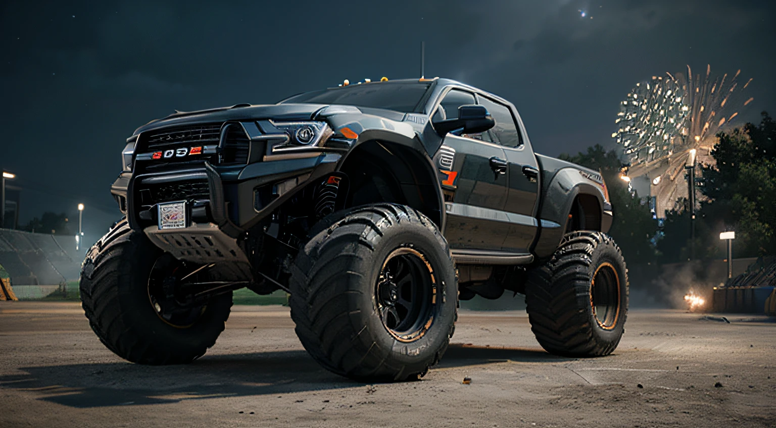Future Design 2035 Monster Truck with Big Tire and Big Wheel, rolands zilvinskis 3d render art, Гипердетализированный 3D-рендеринг, Гипердетализированная 3D-рендеринг, monster truck, highly realistic concept art, 3D octane rendering concept art, by Greg Rutkowsky. Octane Render, vehicle concept photo!!, amazing photorealistic graphics, Extreme render, гиперреалистичный 3D-рендеринг, Night Arena, firework, light of lights
