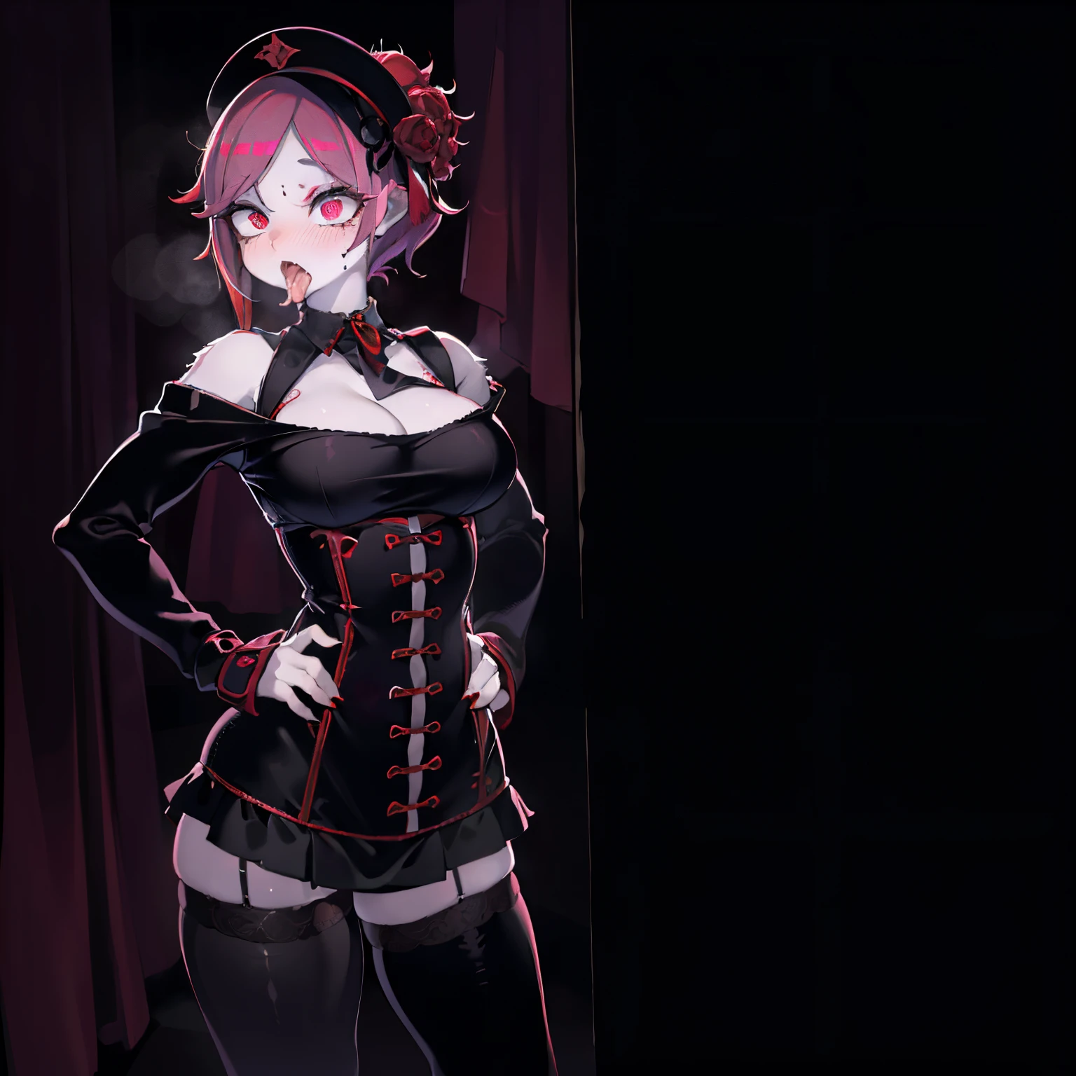 (Ahegao) Chica ROJA,Wear red lingerie,labios rojos brillantes,Ojos y cara detallados,Cabello rojo largo y suelto,standing in a dark room,Soft lighting,vivid colors,Artistic portrait,High resolution. (SNFW)