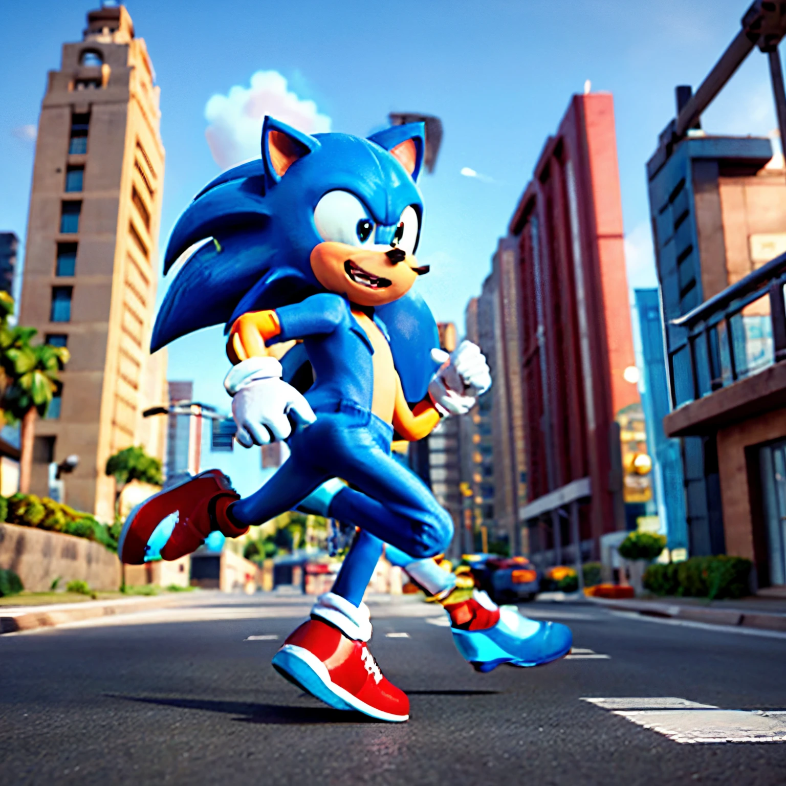 Sonic the hedgehog in los santos, stern looking, running from the cops