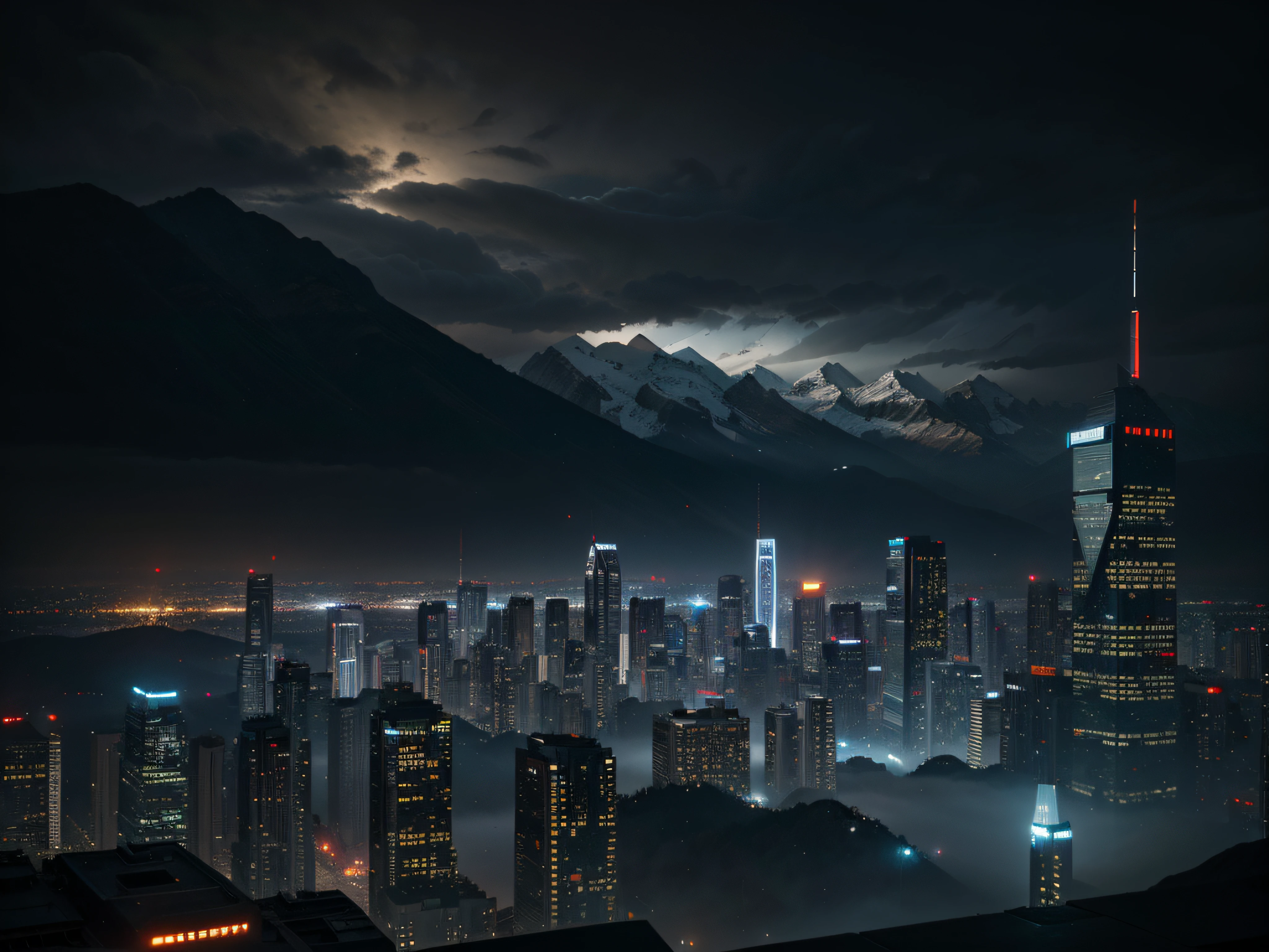 blade runner, mountains, futuristic, cyberpunk, city, scenic, impressive, advanced, buildings, technology, high quality photography, epic, futuristic buildings,