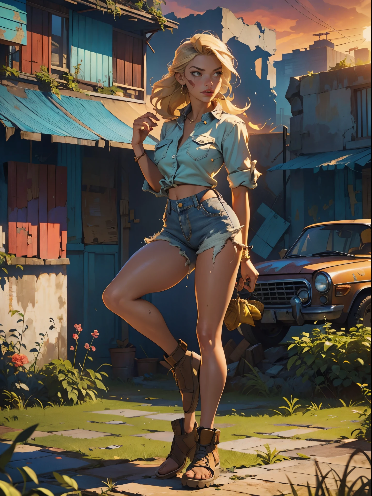 2076 year. The Urban Ruins of the Wasteland, Female huntress picking fruit in the garden, beautiful face, blonde, badly torn shirt and denim shorts , long legs, sweating through, sun rising, Nice warm colors, head to toe, full body shot, pretty hands, perfect fingers,