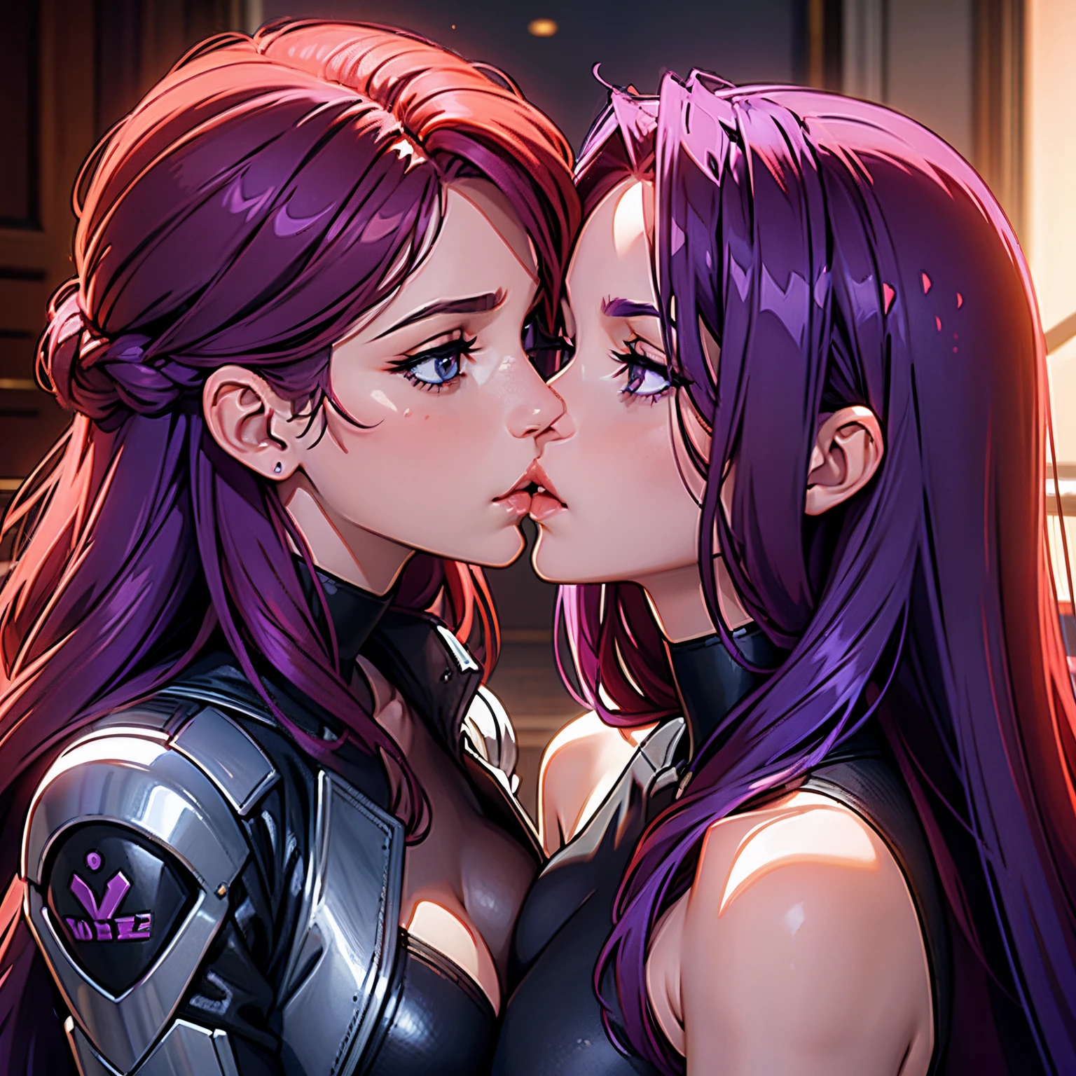 Cat ears goddess kisses a Redhead Woman,Dark and Purple hair, Curved long hair, Charismatic character, Avatar de seconde vie, Nice screenshot, Femme seduisante vue complète du corps, High quality, very detailed skin,