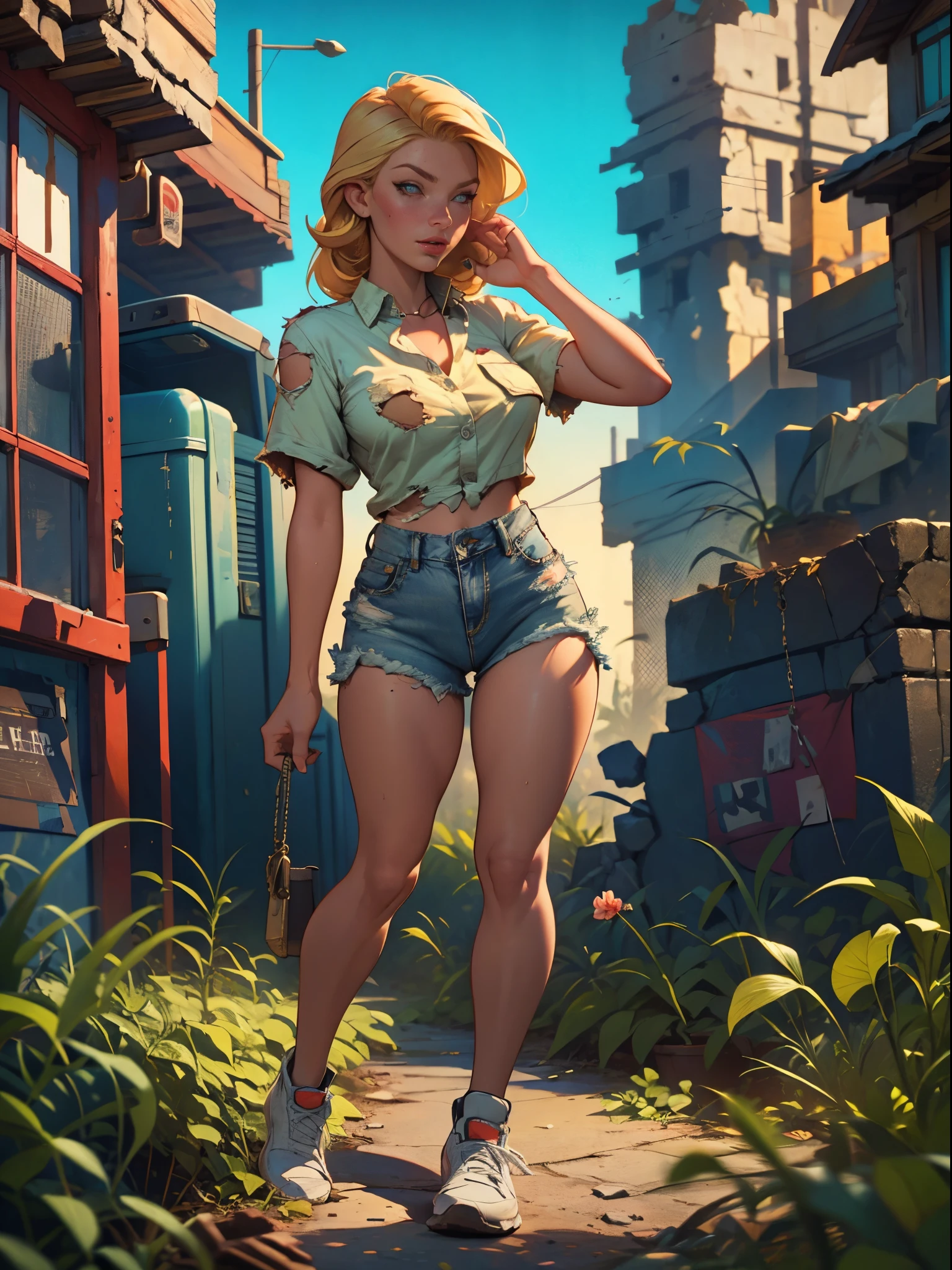 2076 year. The Urban Ruins of the Wasteland, Female huntress picking fruit in the garden, beautiful face, blonde, badly torn shirt and denim shorts ,  long legs, sweating through, sun rising, Nice warm colors, head to toe, full body shot, pretty hands, perfect fingers,