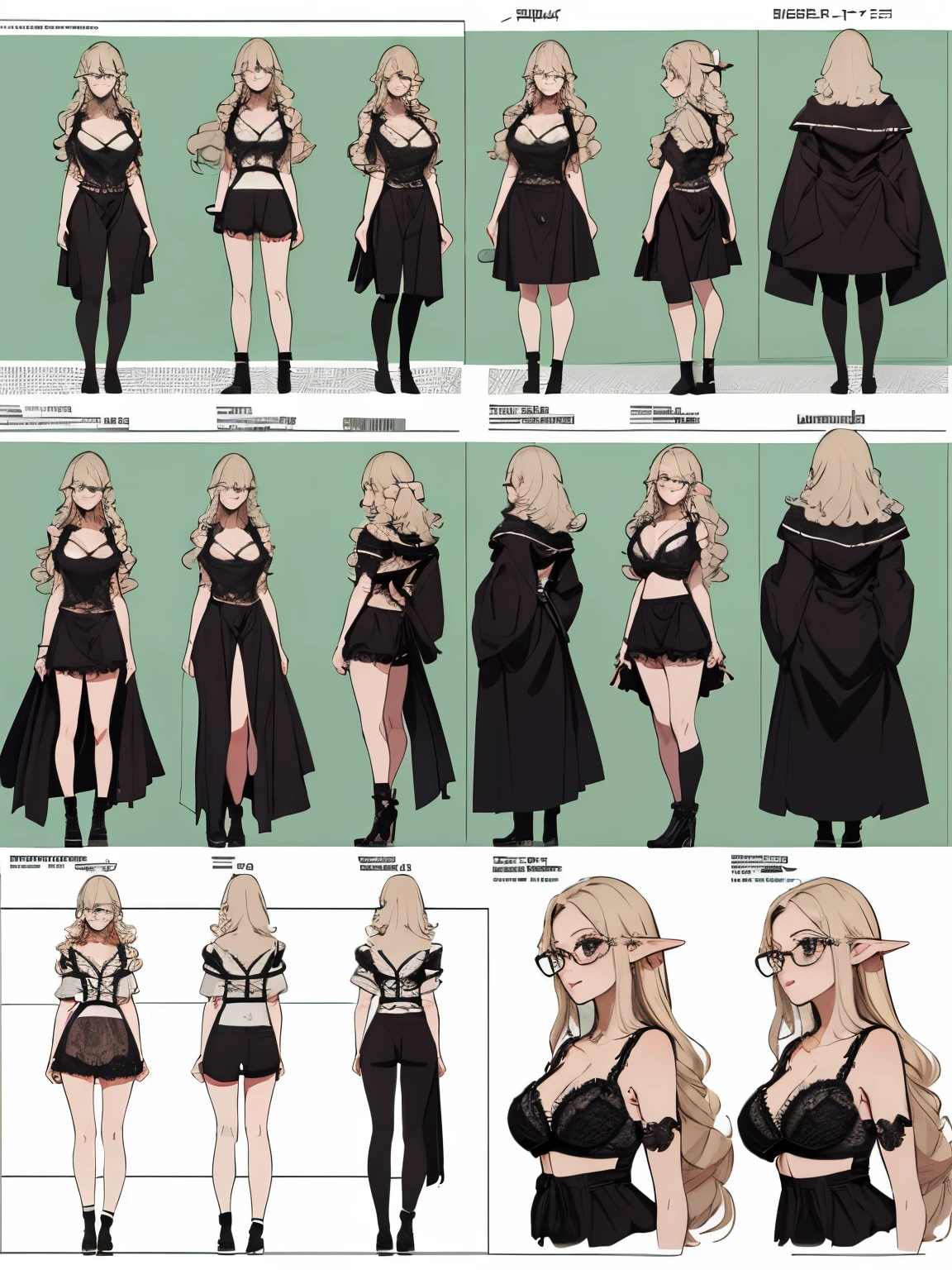 ((Masterpiece)),(((Best Quality))),(Character design sheet, same character, front, side, backboob), Elven Woman, eyeglasses, long curly hair, Bows, lace linge, lace panty, lace bra.