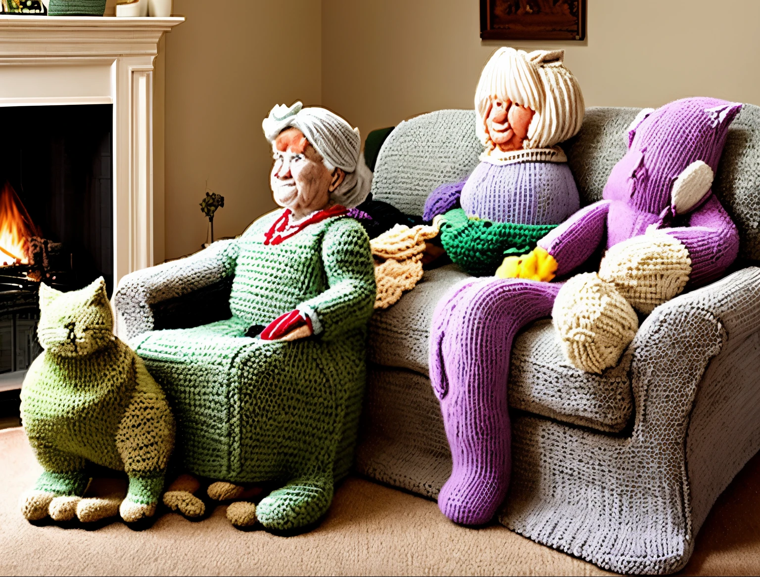 An elderly lady sitting on a sofa, next to her is a giant cat, as big as the lady, knitted out of yarn.