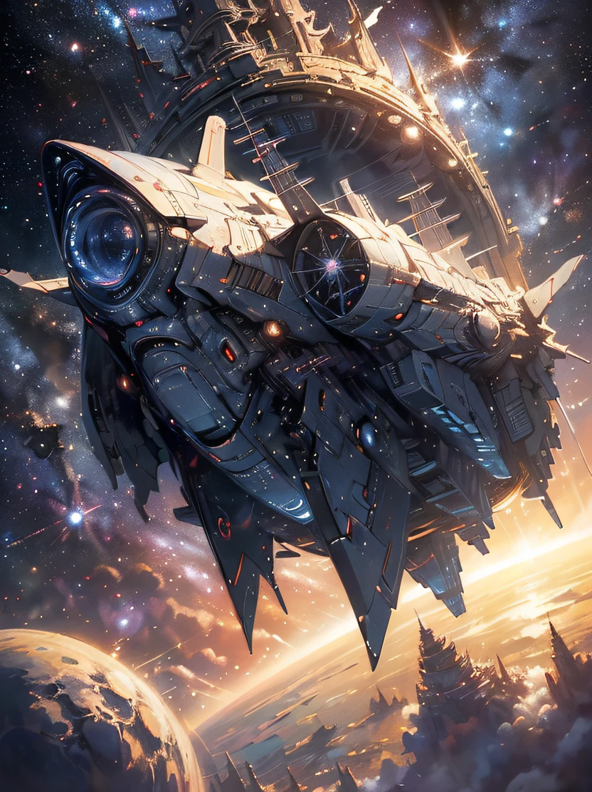 ((masterpiece、top-quality、realisitic、ultra-detailliert、hight resolution、foco nítido、lighting like a movie))、((huge spaceship flying through space))、starrysky、Flying over the planet